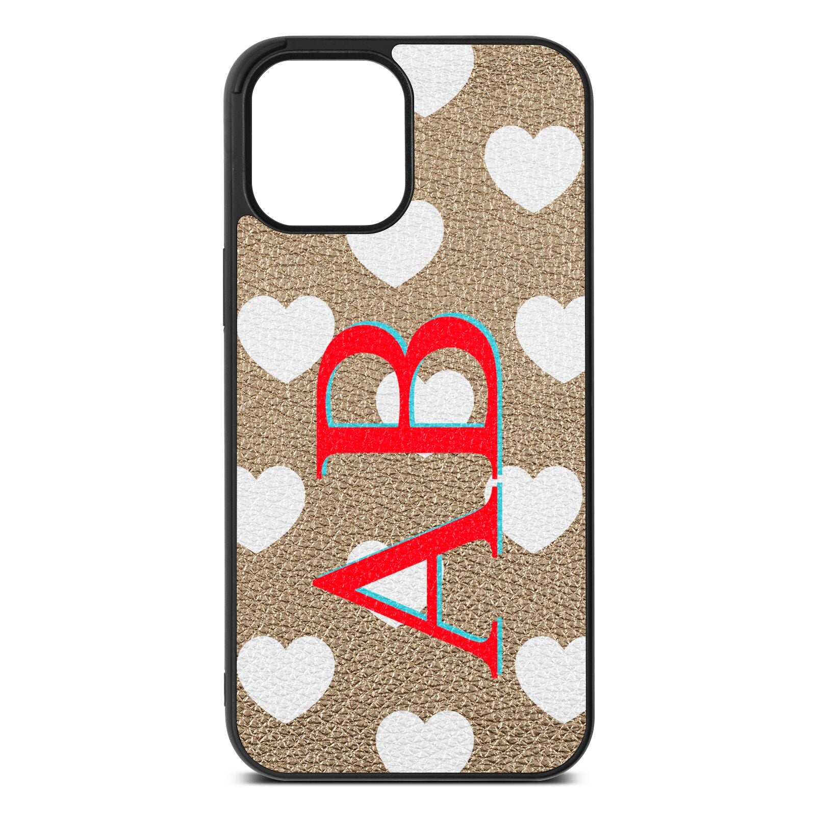 Heart Print Initials Gold Pebble Leather iPhone 12 Pro Max Case