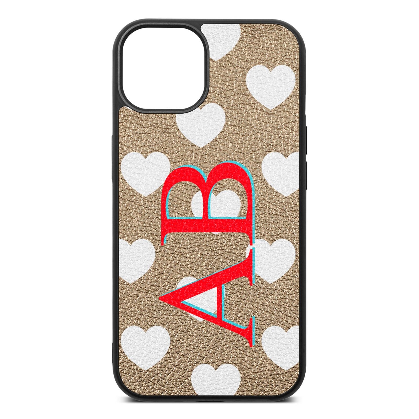 Heart Print Initials Gold Pebble Leather iPhone 13 Case