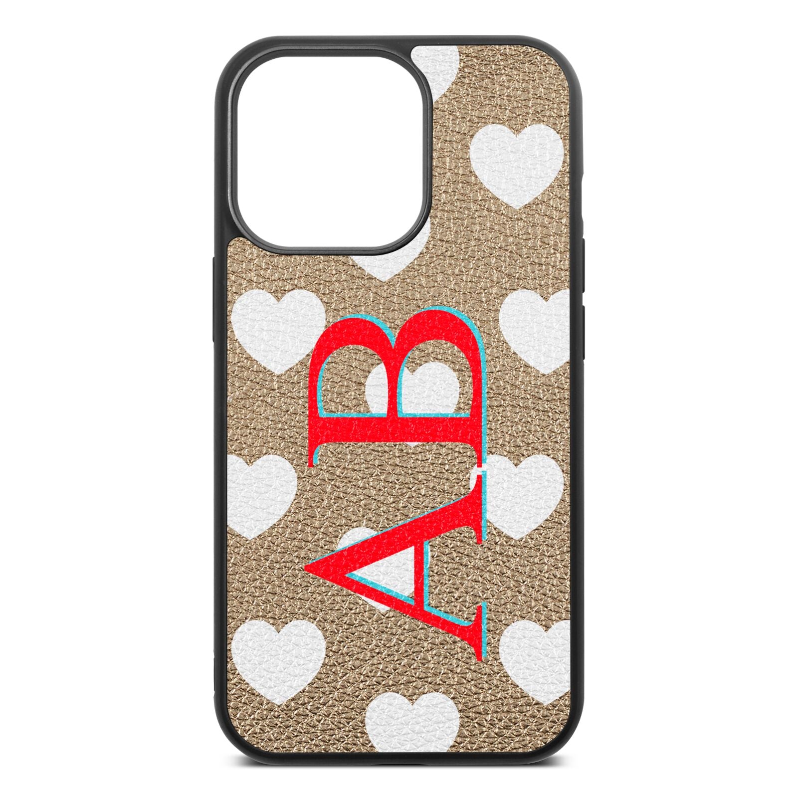 Heart Print Initials Gold Pebble Leather iPhone 13 Pro Case