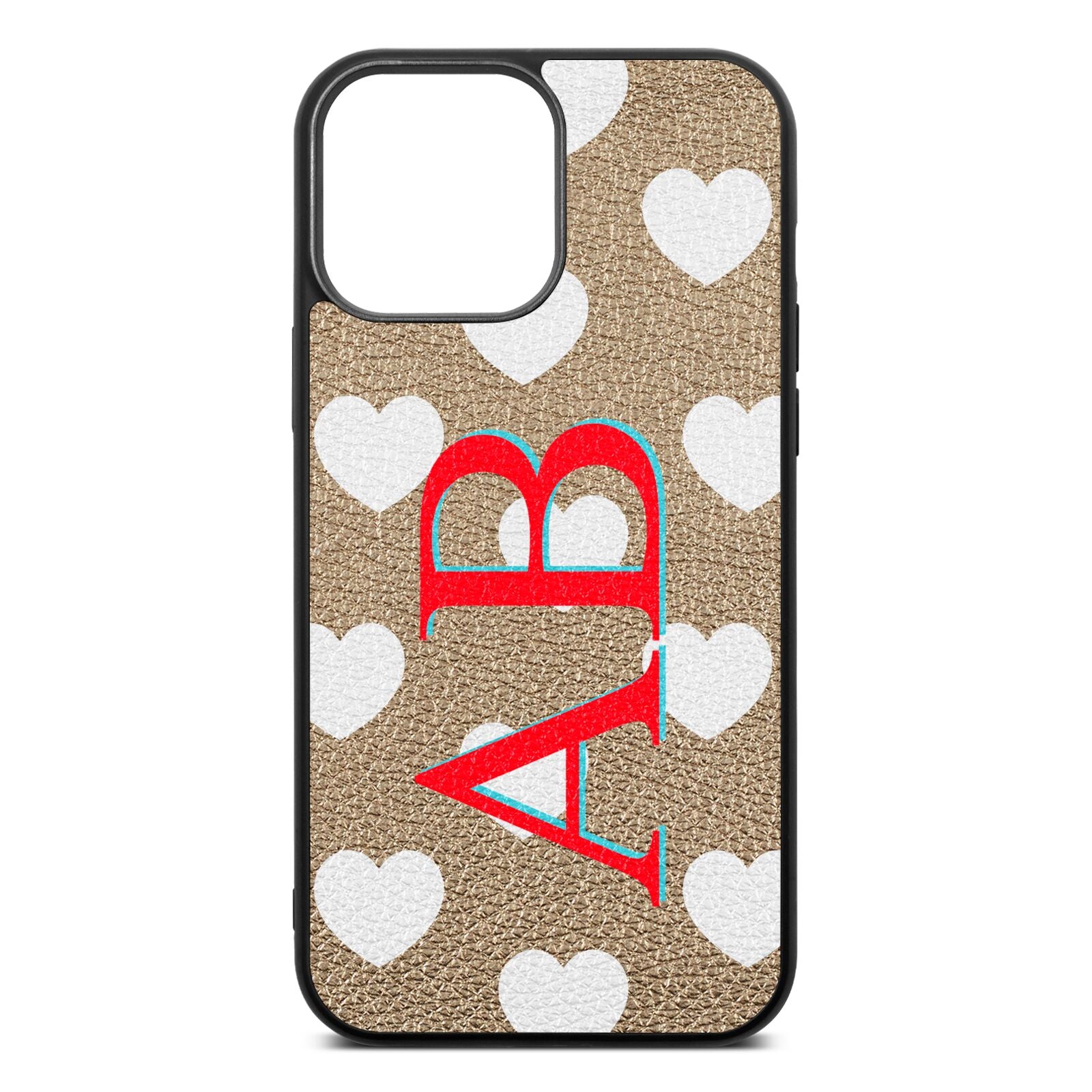 Heart Print Initials Gold Pebble Leather iPhone 13 Pro Max Case