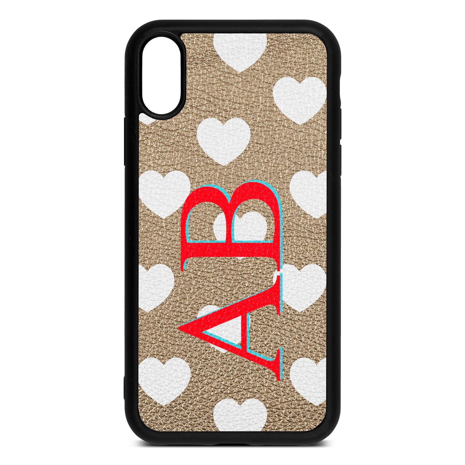 Heart Print Initials Gold Pebble Leather iPhone Xr Case