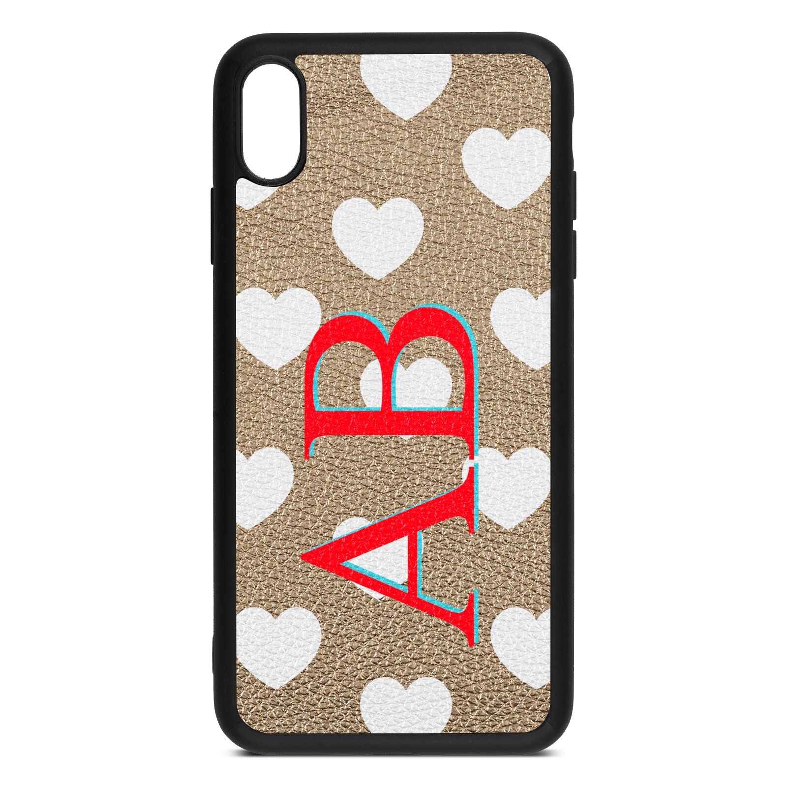 Heart Print Initials Gold Pebble Leather iPhone Xs Max Case