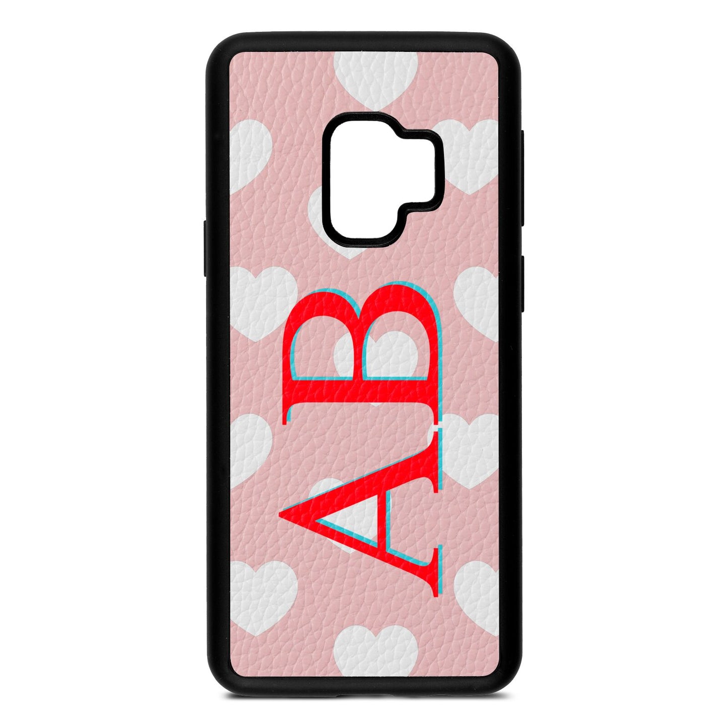 Heart Print Initials Pink Pebble Leather Samsung S9 Case
