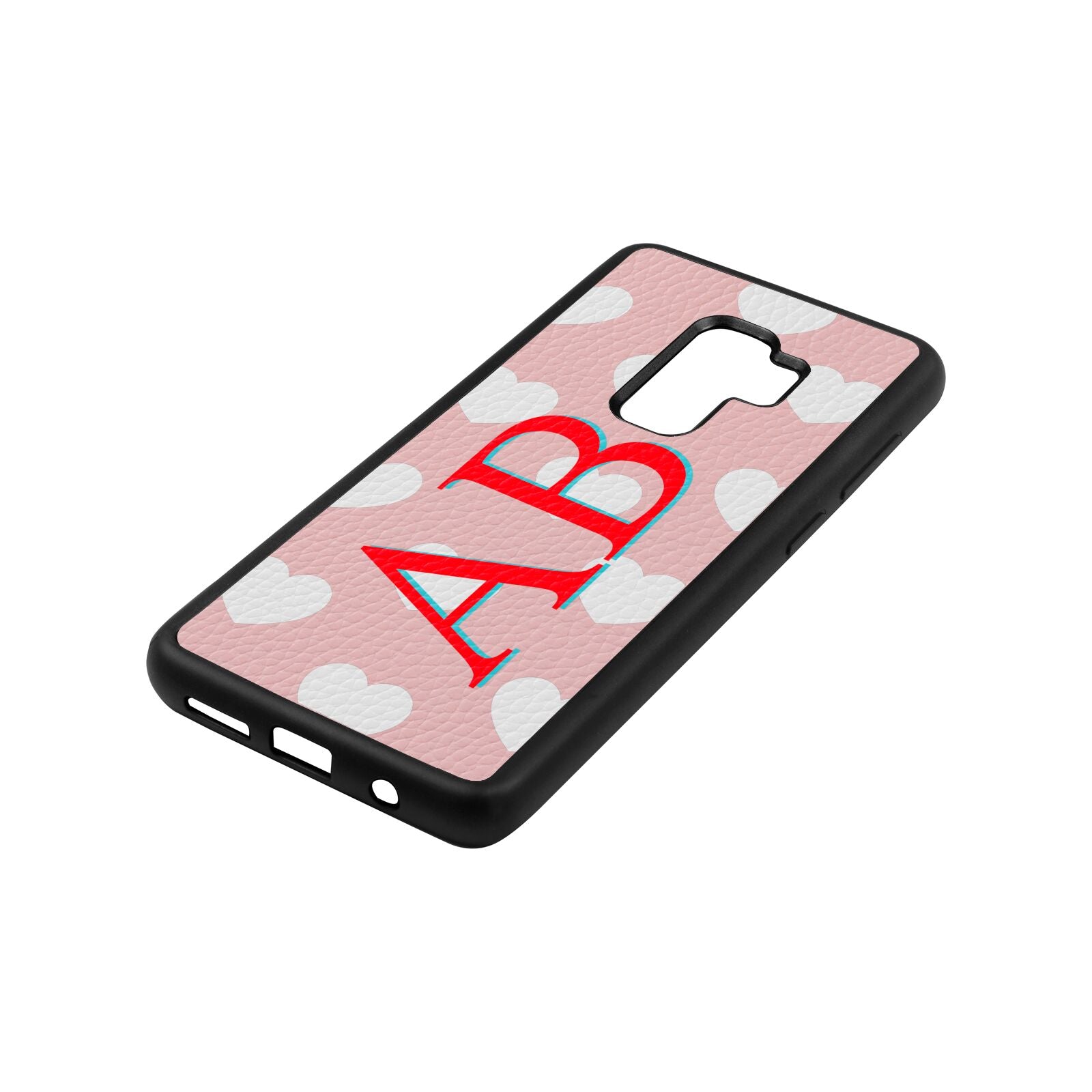 Heart Print Initials Pink Pebble Leather Samsung S9 Plus Case Side Angle