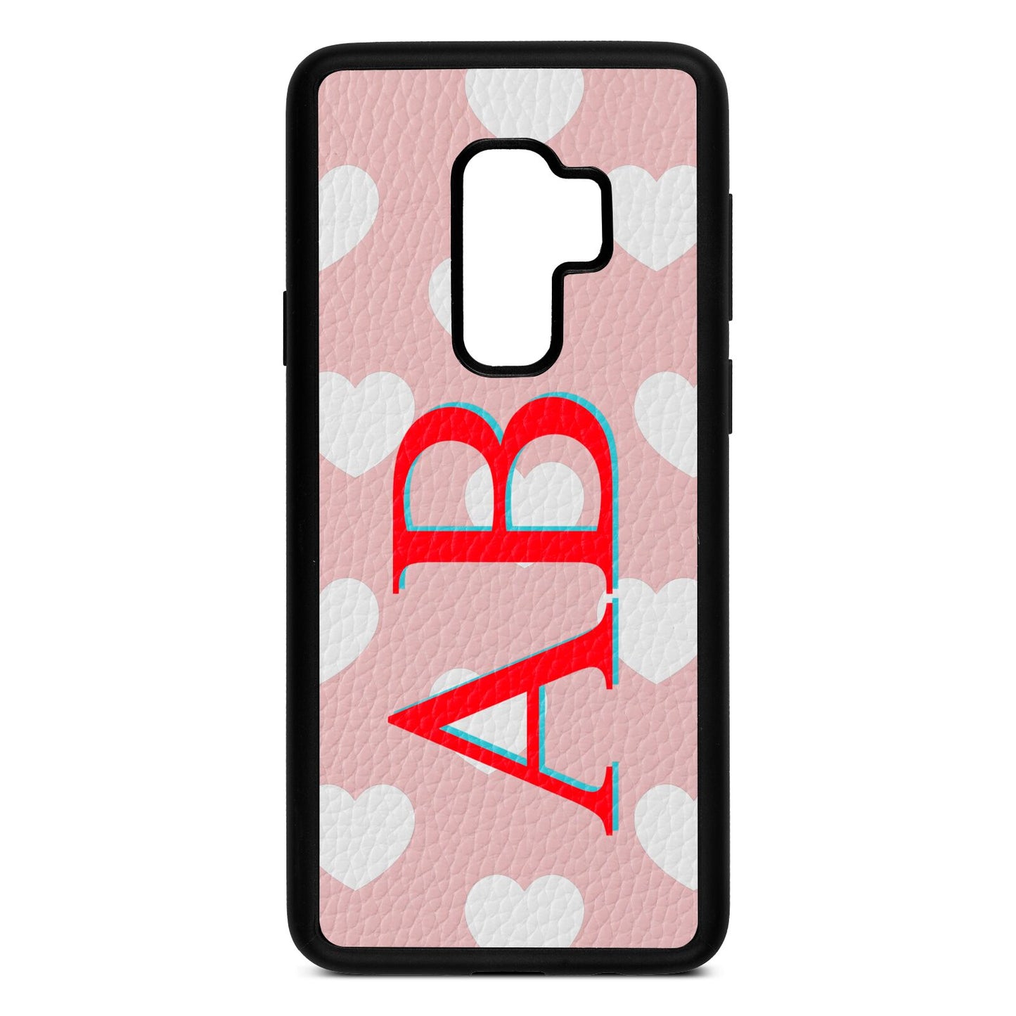 Heart Print Initials Pink Pebble Leather Samsung S9 Plus Case