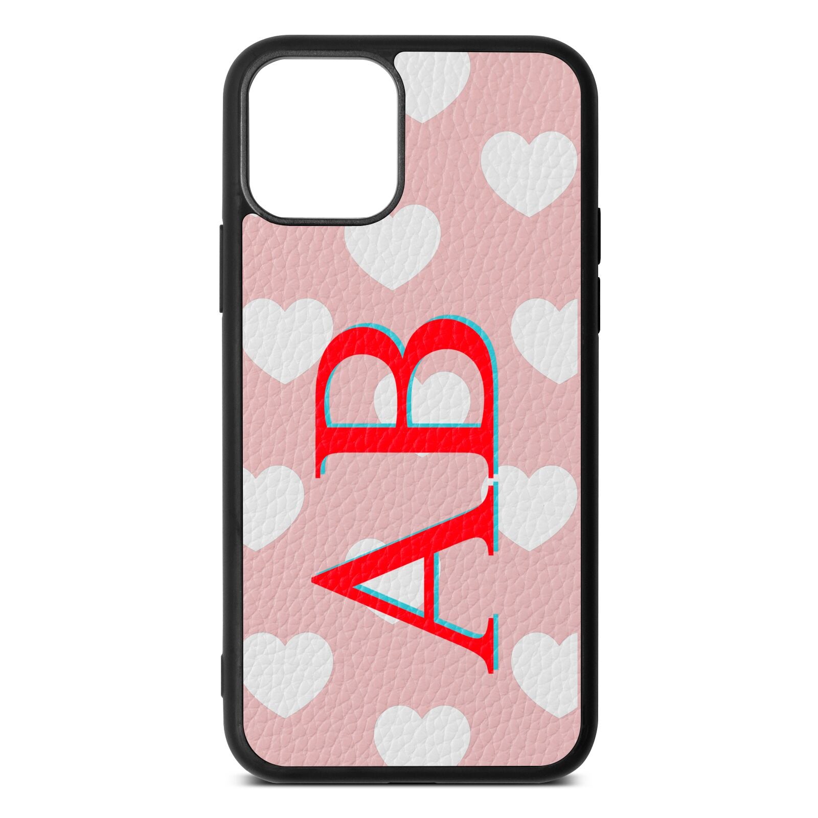 Heart Print Initials Pink Pebble Leather iPhone 11 Case