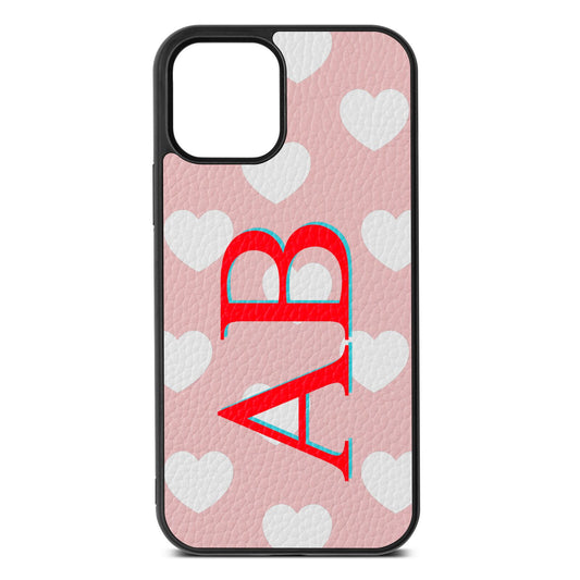 Heart Print Initials Pink Pebble Leather iPhone 12 Case