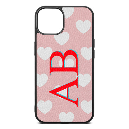Heart Print Initials Pink Pebble Leather iPhone 13 Case