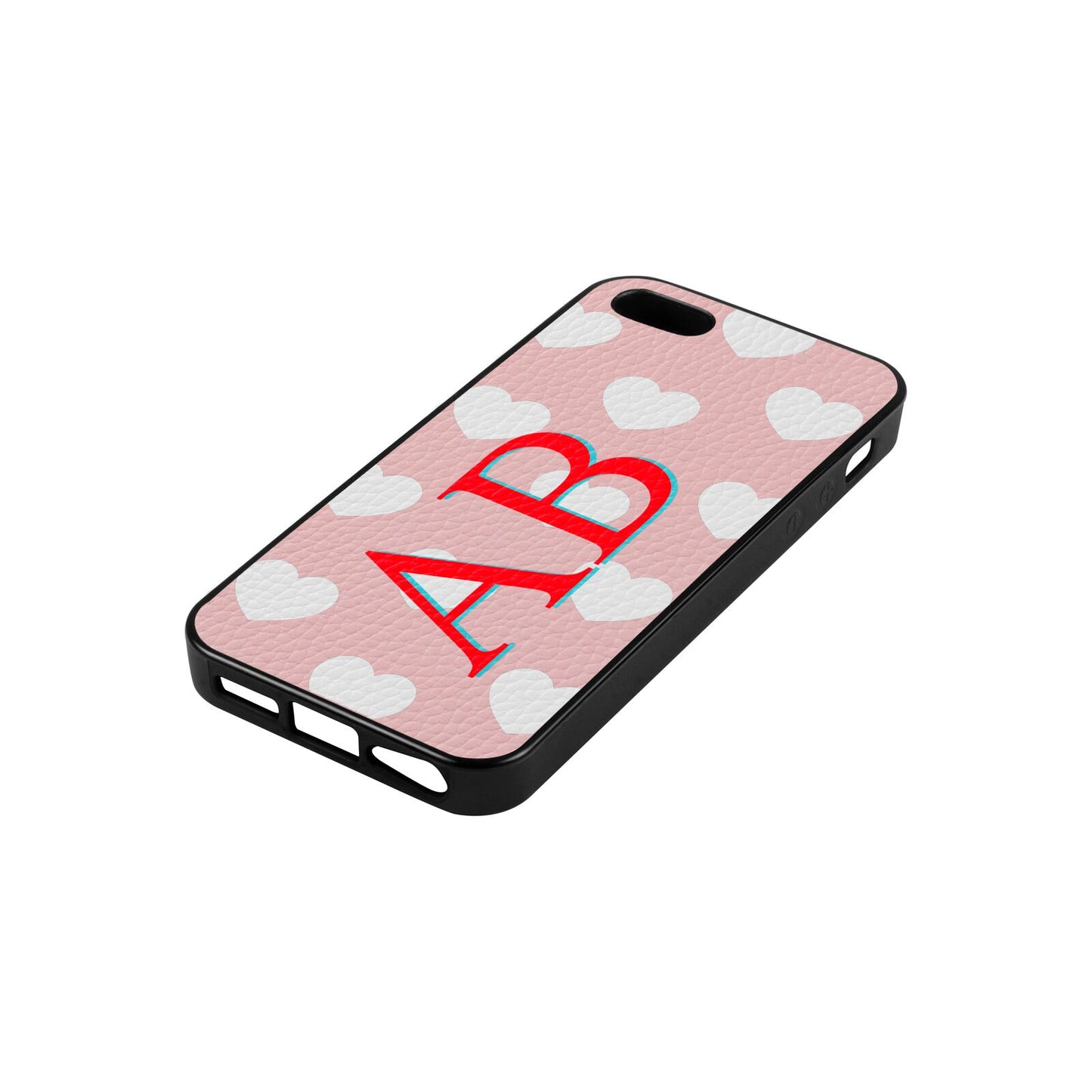 Heart Print Initials Pink Pebble Leather iPhone 5 Case Side Angle