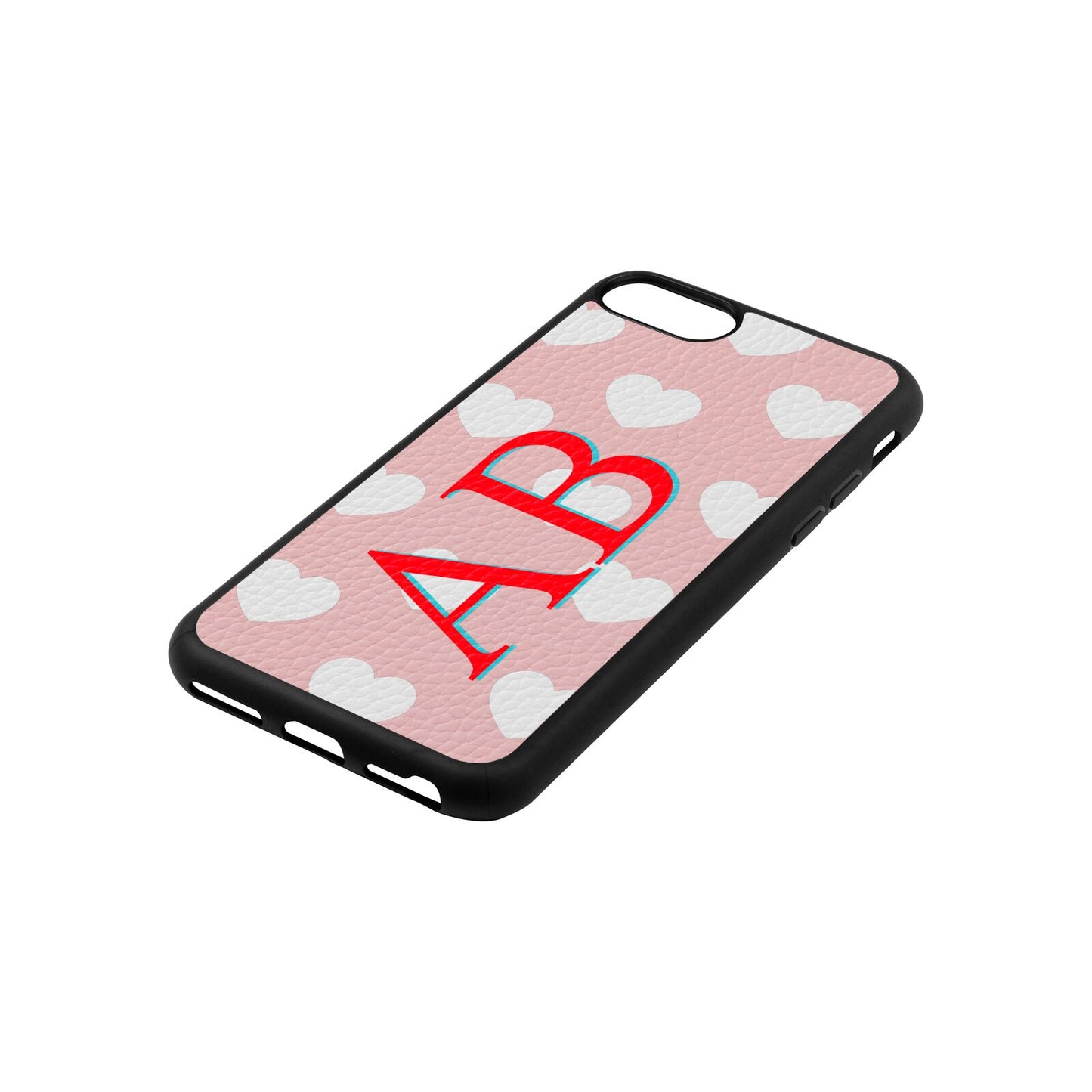 Heart Print Initials Pink Pebble Leather iPhone 8 Case Side Angle