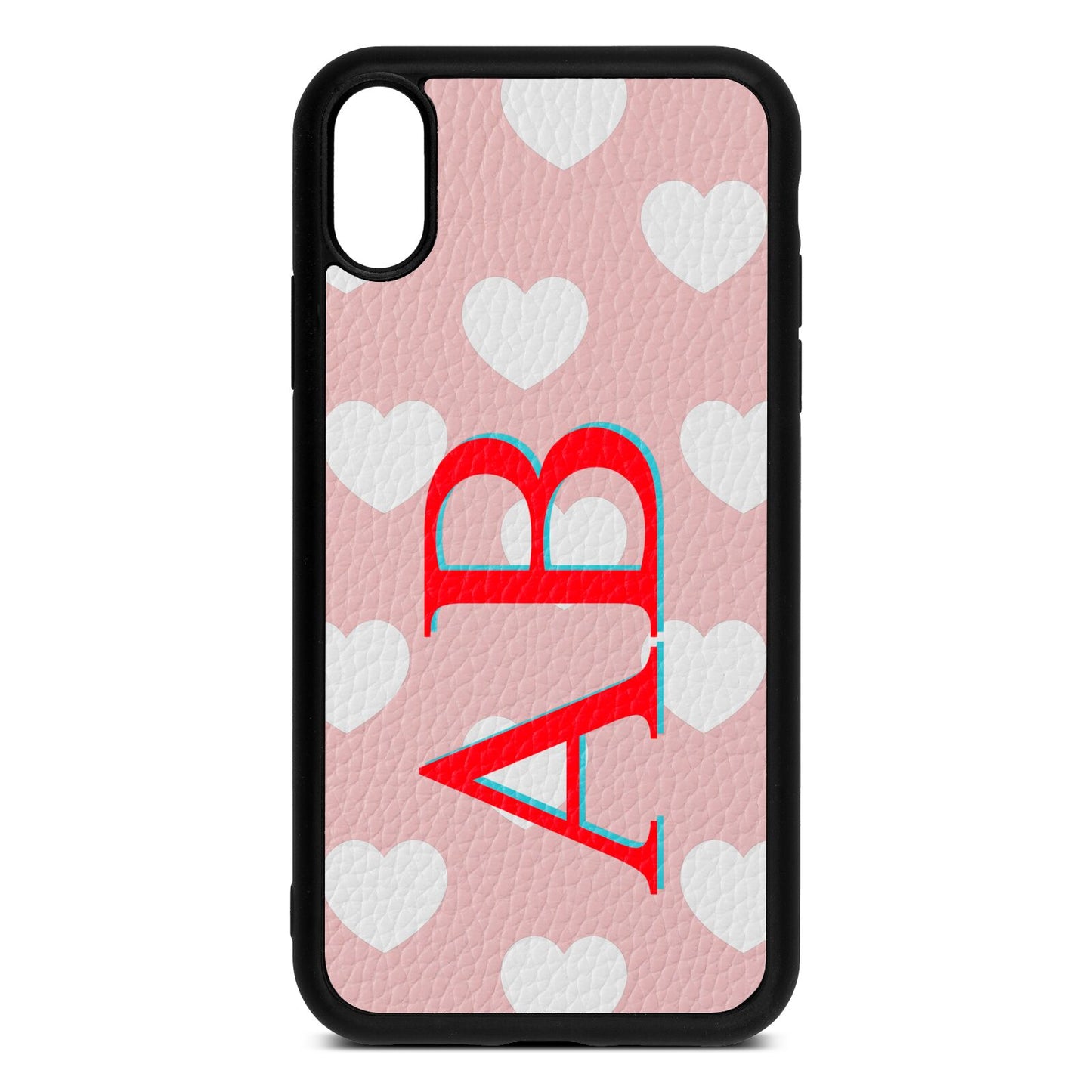 Heart Print Initials Pink Pebble Leather iPhone Xr Case