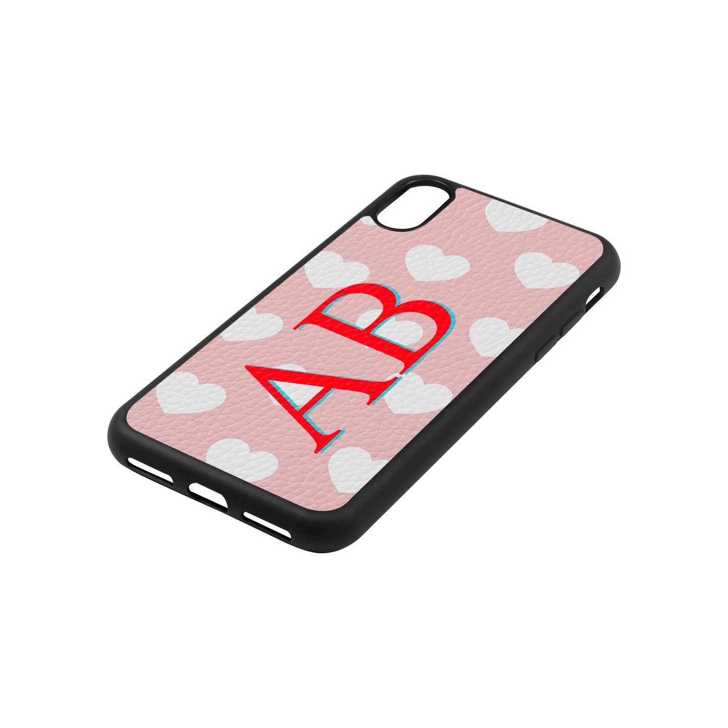 Heart Print Initials Pink Pebble Leather iPhone Xs Case Side Angle
