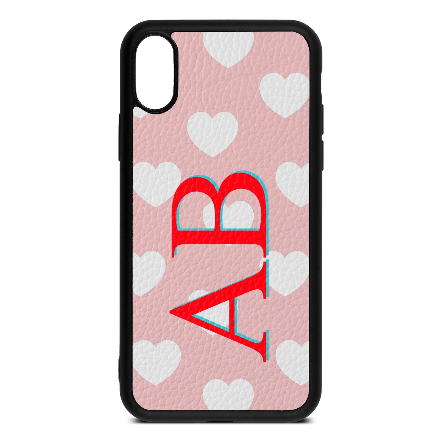 Heart Print Initials Pink Pebble Leather iPhone Xs Case
