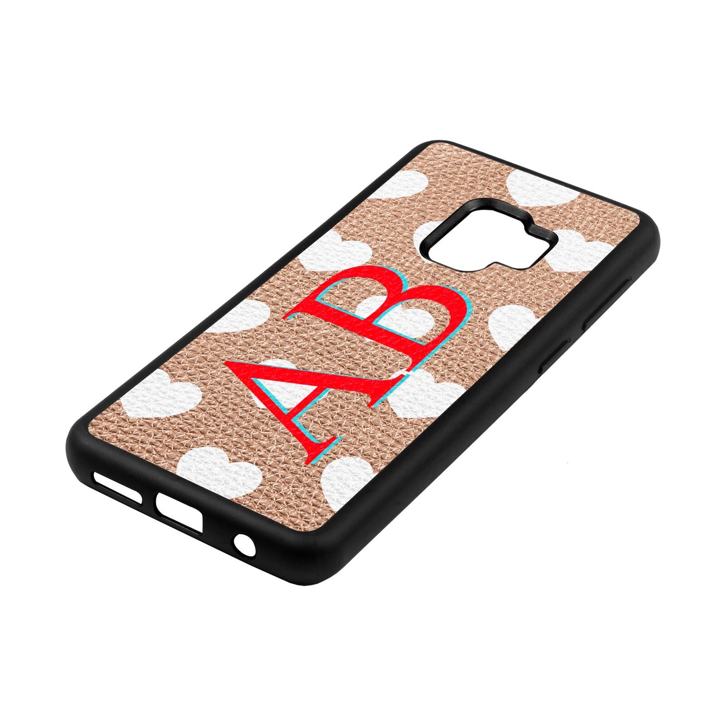 Heart Print Initials Rose Gold Pebble Leather Samsung S9 Case Side Angle