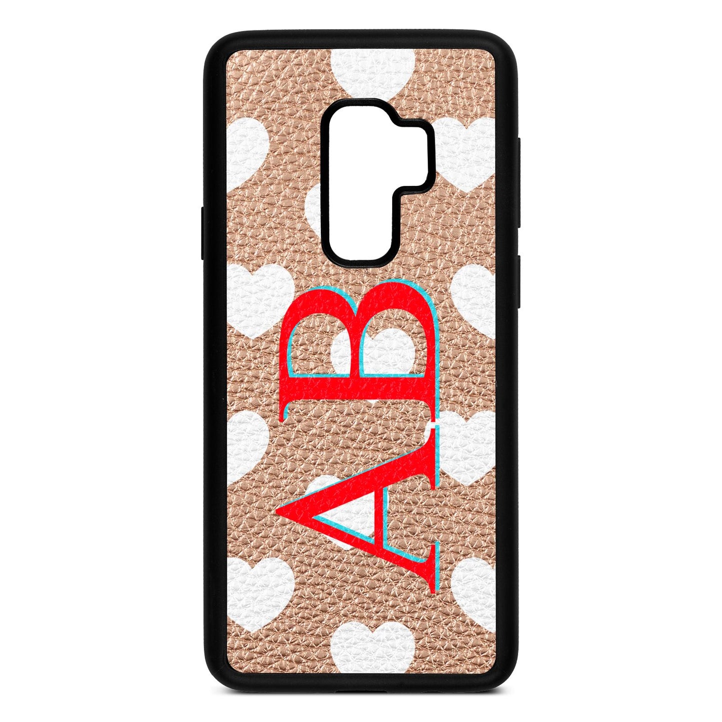 Heart Print Initials Rose Gold Pebble Leather Samsung S9 Plus Case