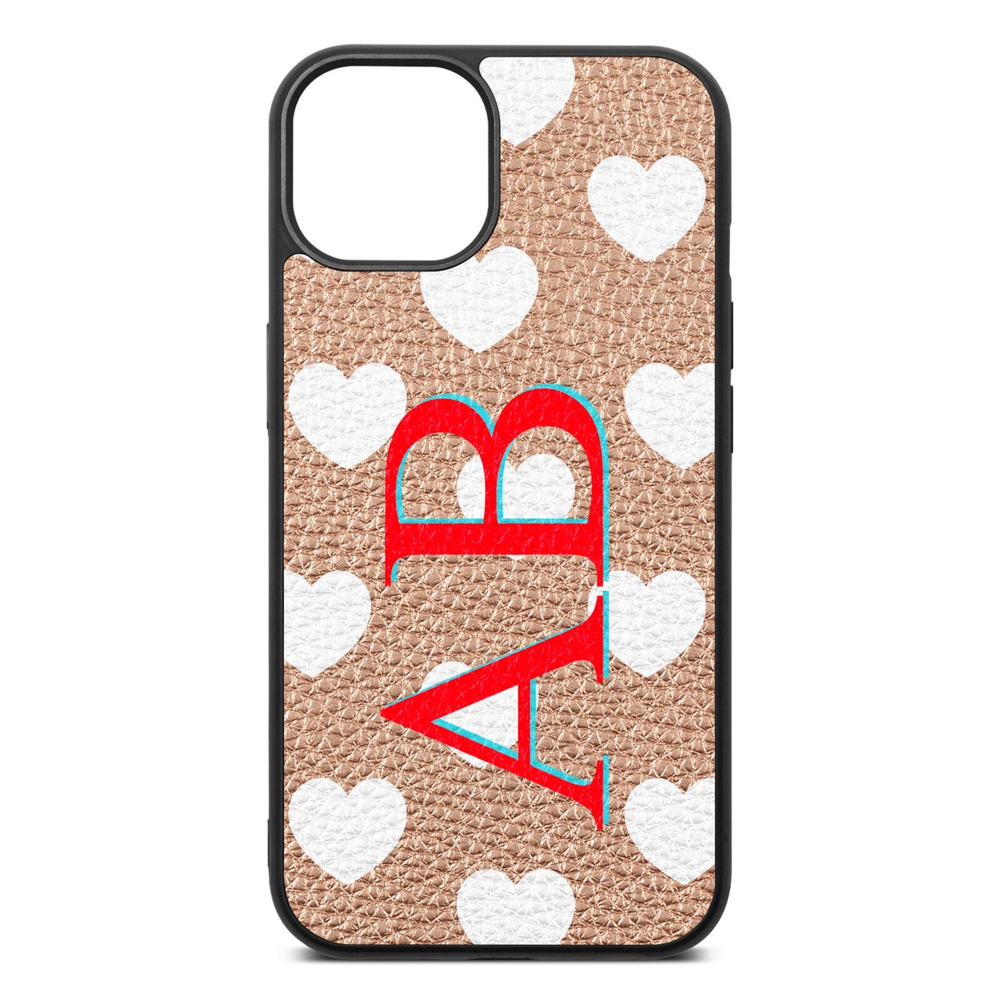Heart Print Initials Rose Gold Pebble Leather iPhone 13 Case