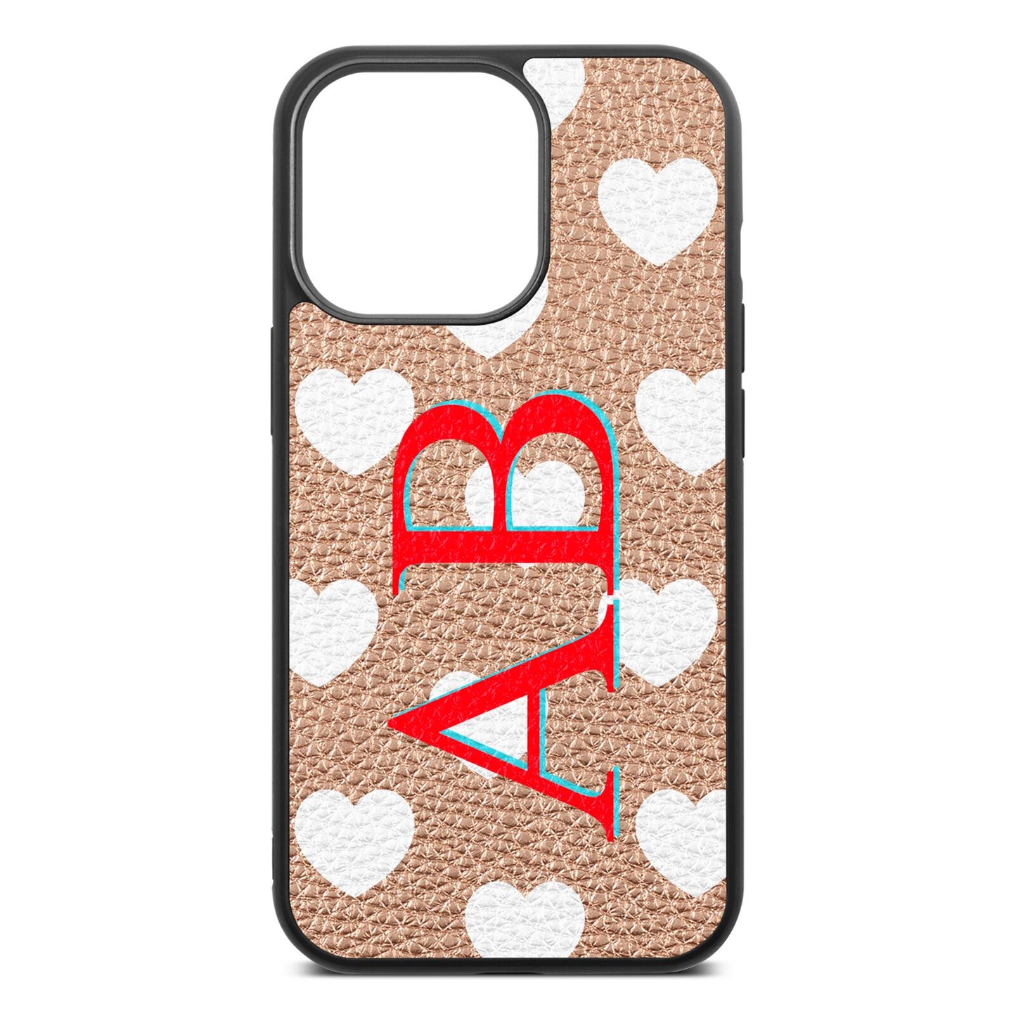 Heart Print Initials Rose Gold Pebble Leather iPhone 13 Pro Case