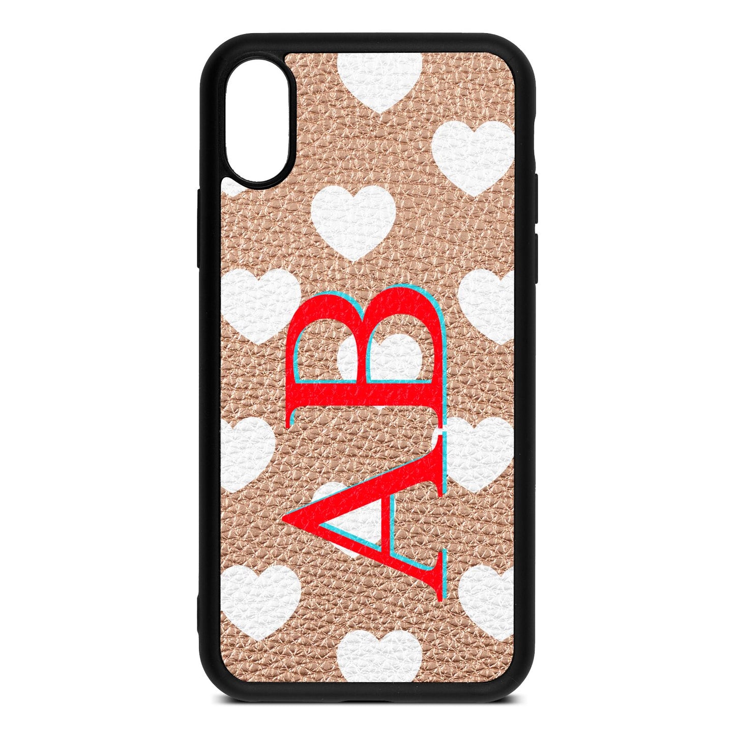 Heart Print Initials Rose Gold Pebble Leather iPhone Xs Case