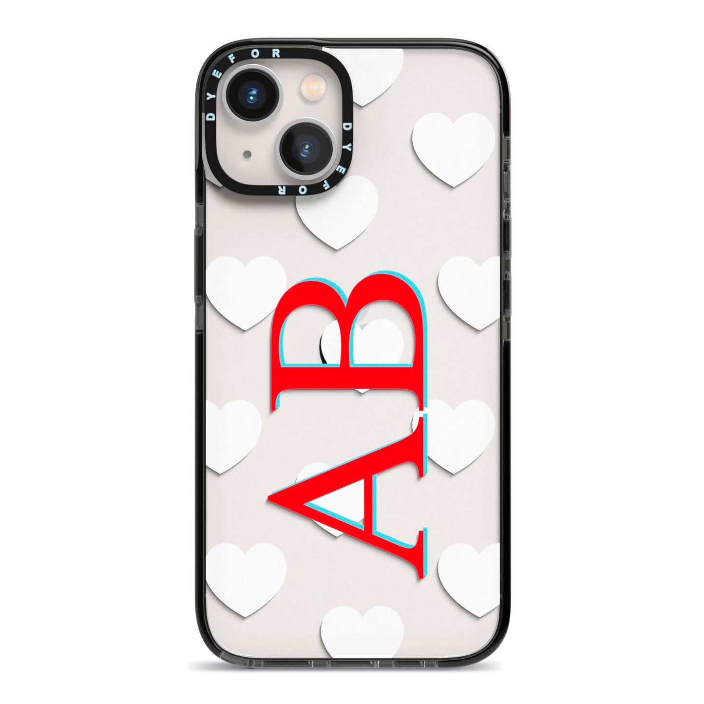 Heart Print Initials iPhone 13 Black Impact Case on Silver phone