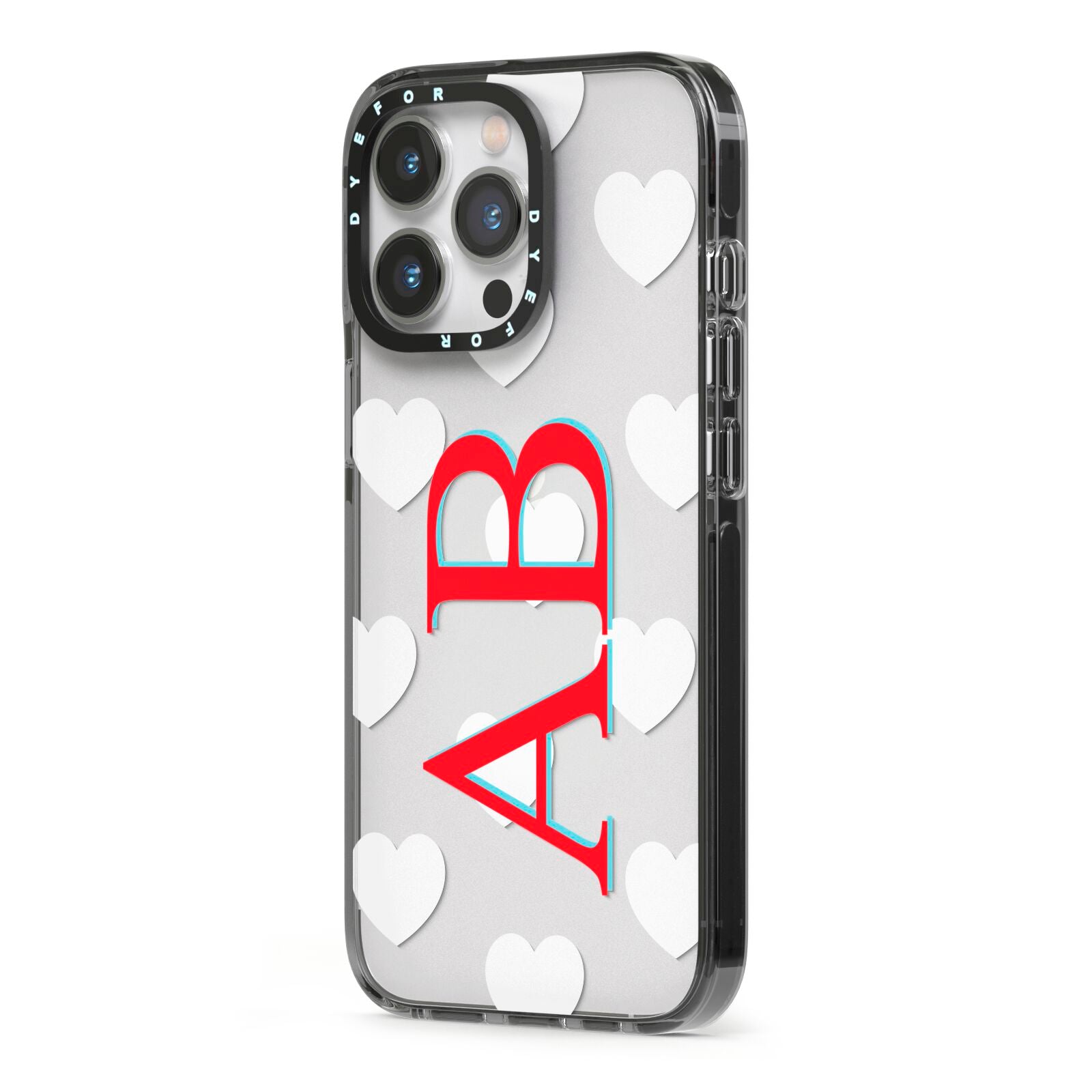 Heart Print Initials iPhone 13 Pro Black Impact Case Side Angle on Silver phone