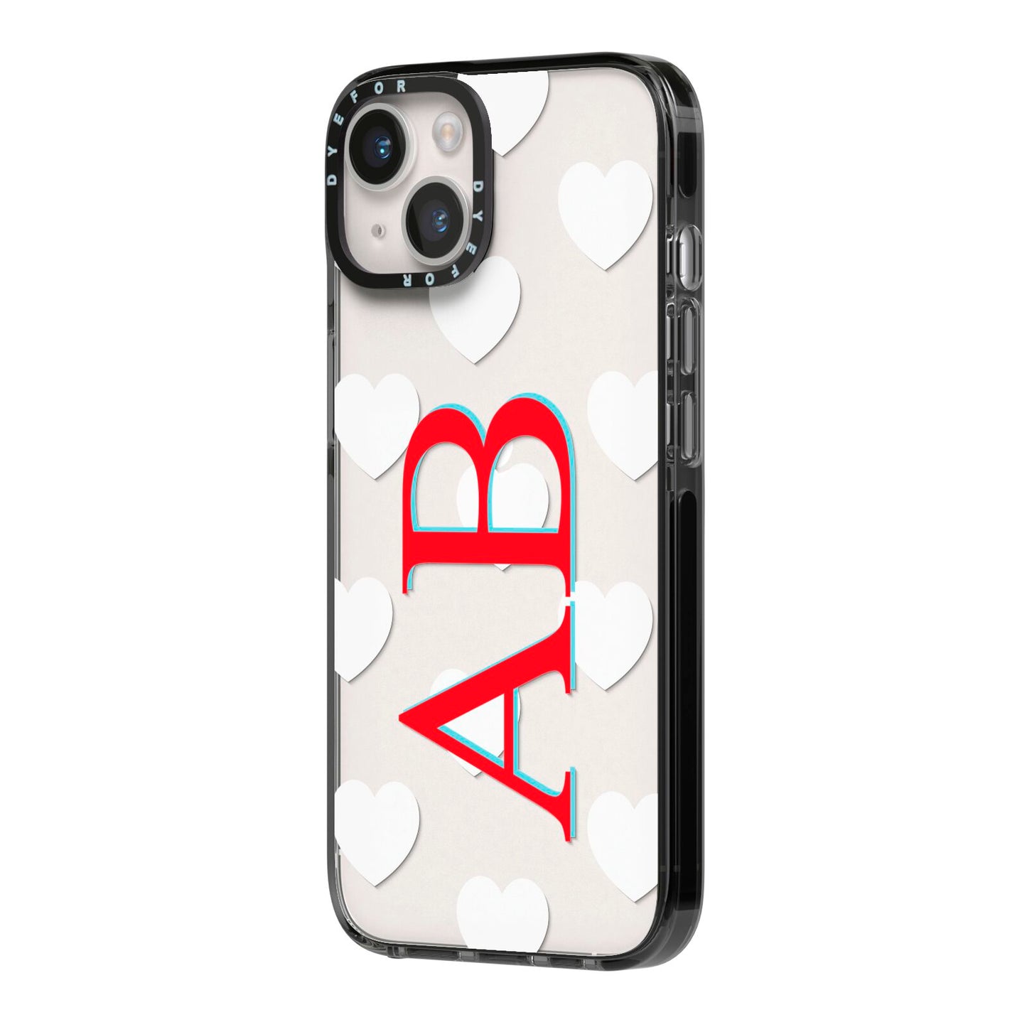 Heart Print Initials iPhone 14 Black Impact Case Side Angle on Silver phone
