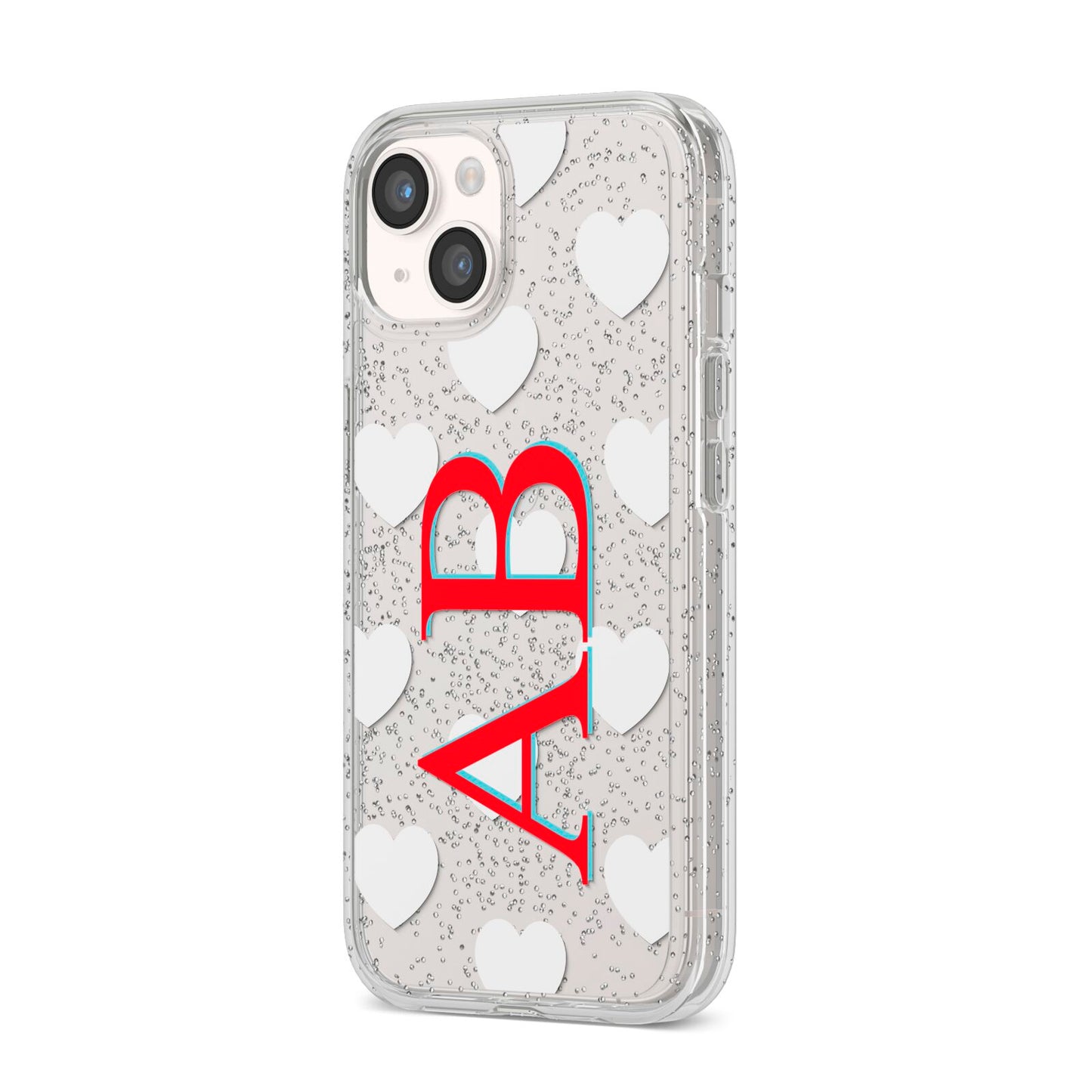 Heart Print Initials iPhone 14 Glitter Tough Case Starlight Angled Image