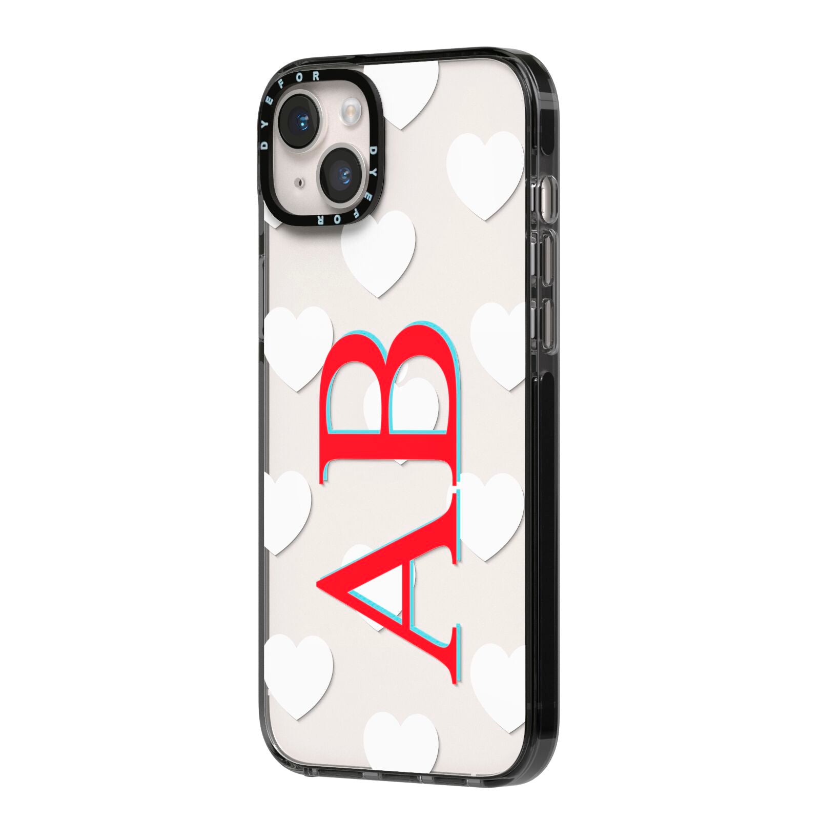 Heart Print Initials iPhone 14 Plus Black Impact Case Side Angle on Silver phone