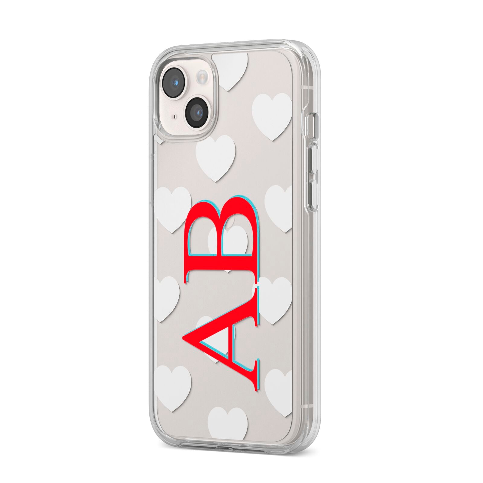 Heart Print Initials iPhone 14 Plus Clear Tough Case Starlight Angled Image