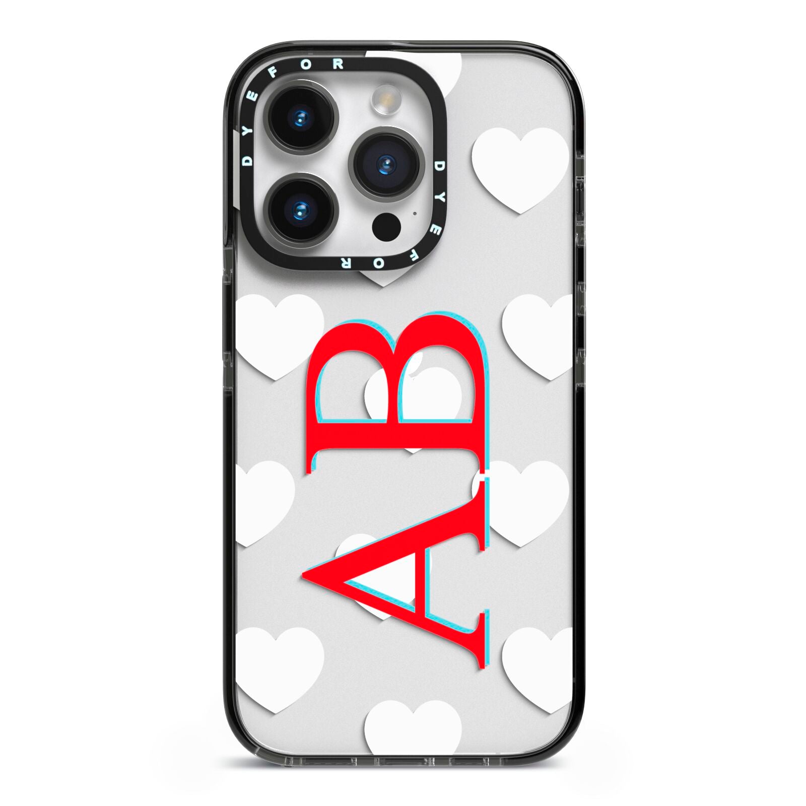Heart Print Initials iPhone 14 Pro Black Impact Case on Silver phone