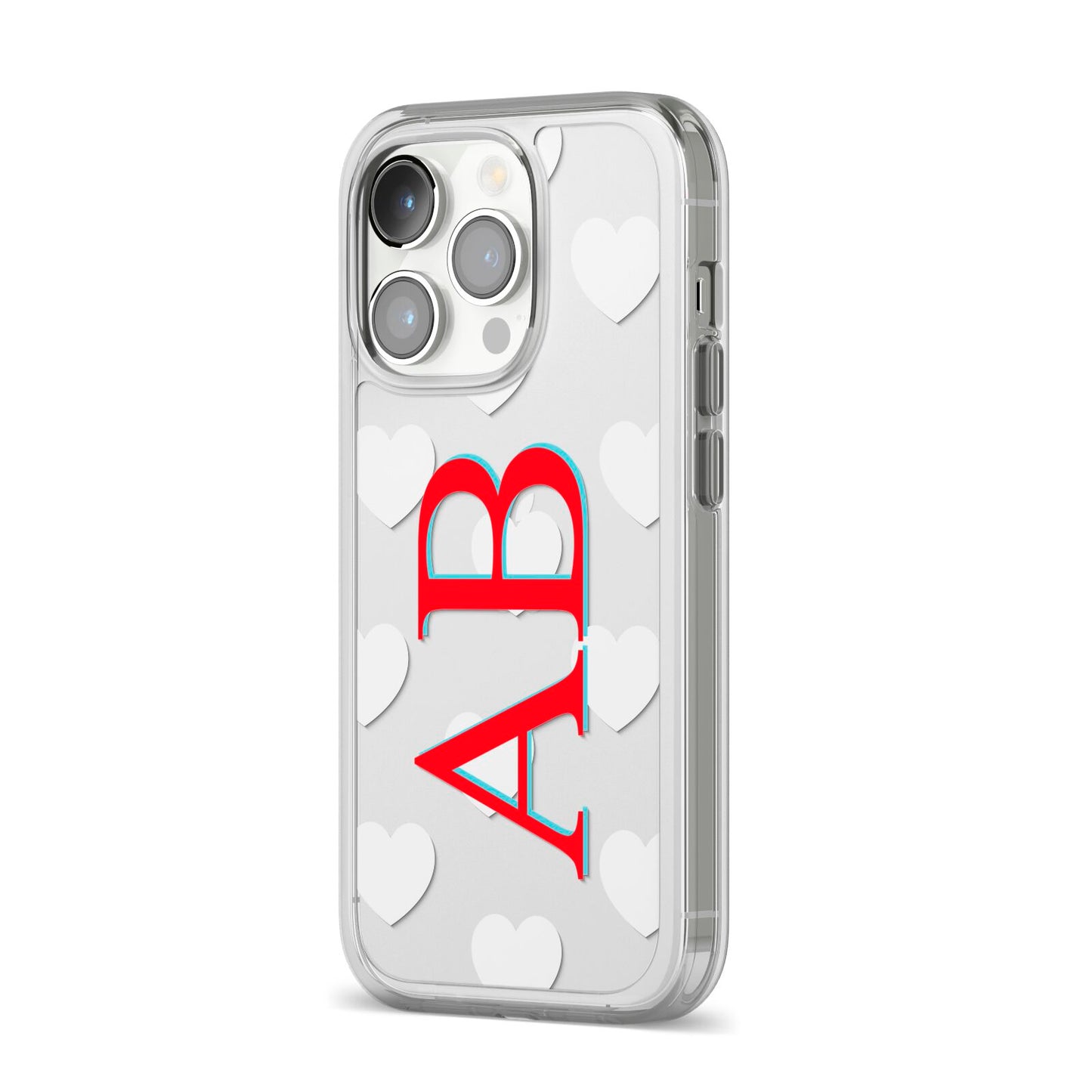 Heart Print Initials iPhone 14 Pro Clear Tough Case Silver Angled Image