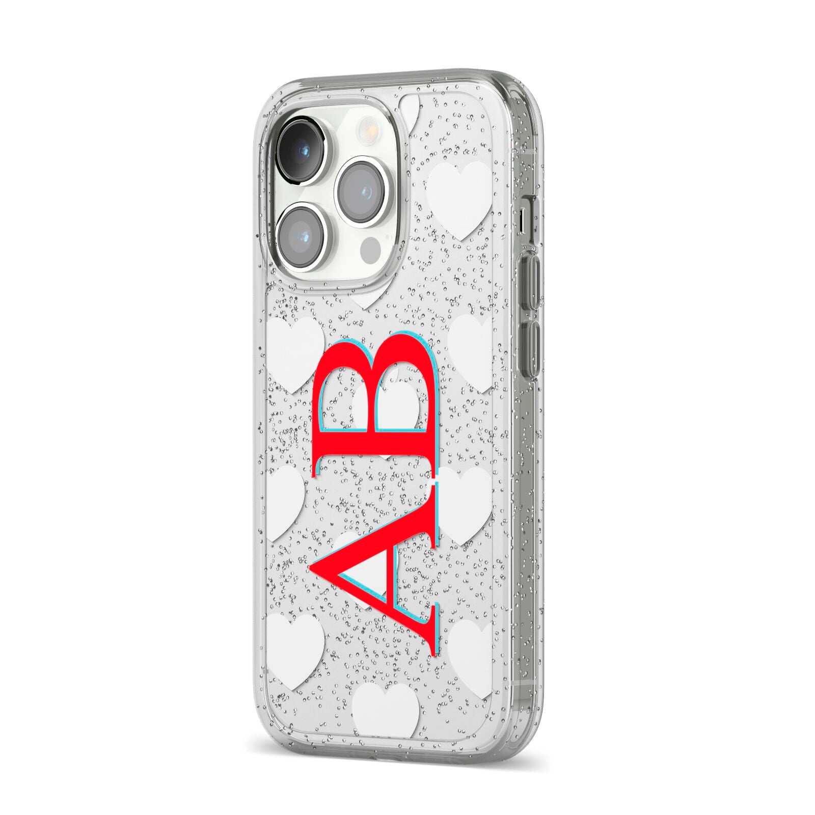 Heart Print Initials iPhone 14 Pro Glitter Tough Case Silver Angled Image