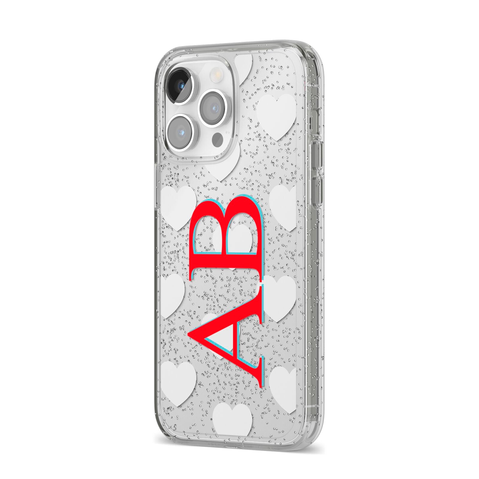 Heart Print Initials iPhone 14 Pro Max Glitter Tough Case Silver Angled Image