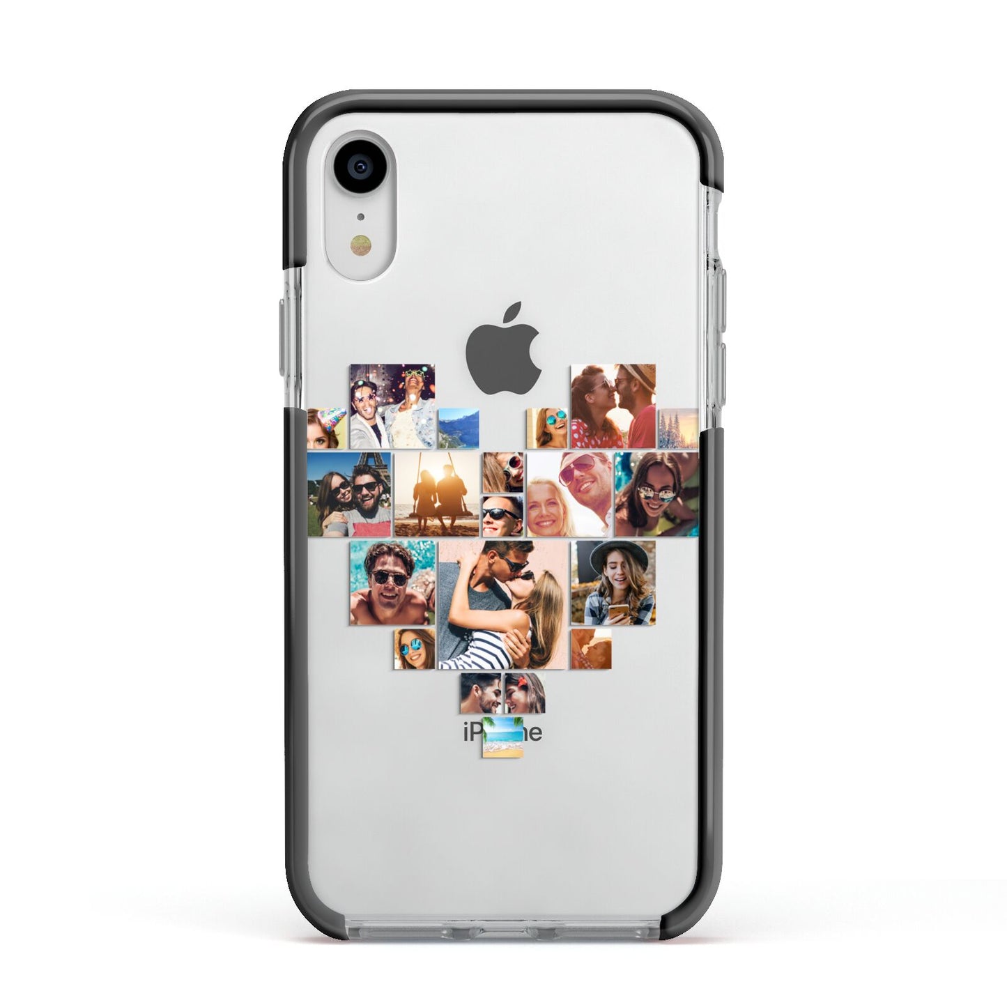 Heart Shaped Photo Montage Upload Apple iPhone XR Impact Case Black Edge on Silver Phone