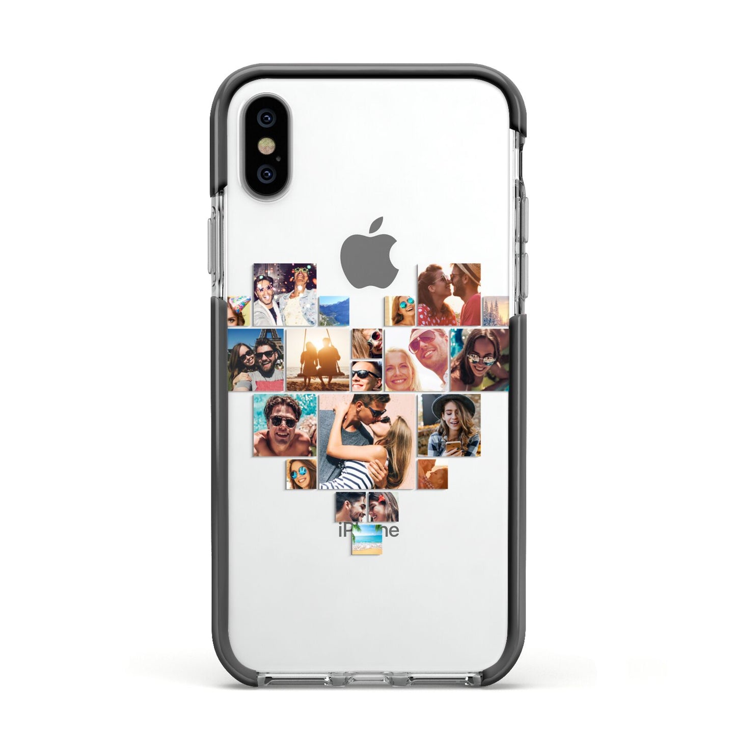 Heart Shaped Photo Montage Upload Apple iPhone Xs Impact Case Black Edge on Silver Phone