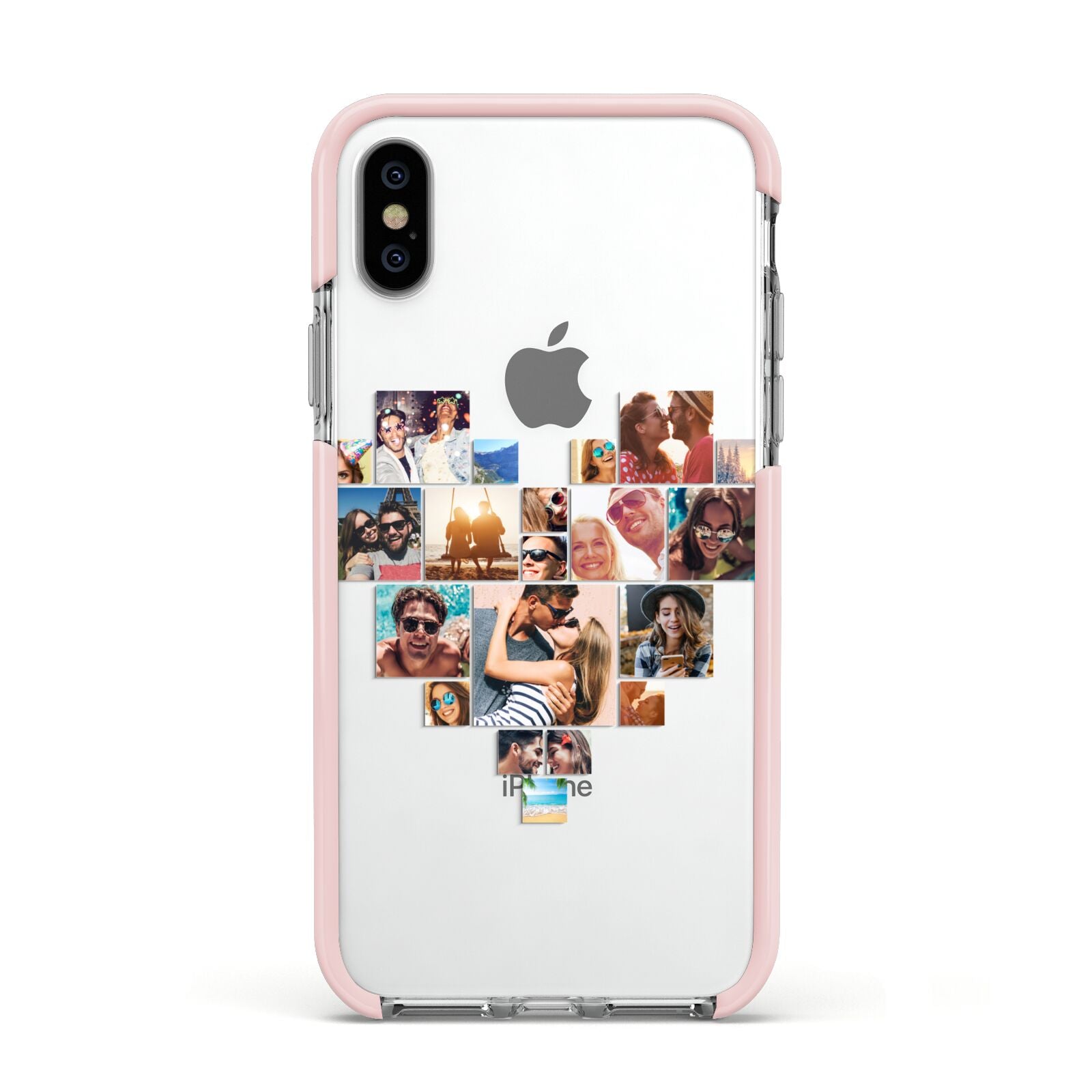 Heart Shaped Photo Montage Upload Apple iPhone Xs Impact Case Pink Edge on Silver Phone