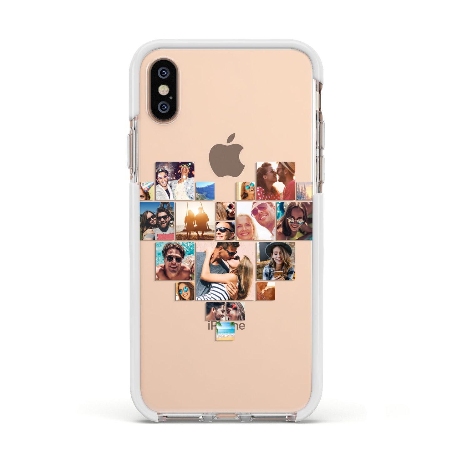 Heart Shaped Photo Montage Upload Apple iPhone Xs Impact Case White Edge on Gold Phone