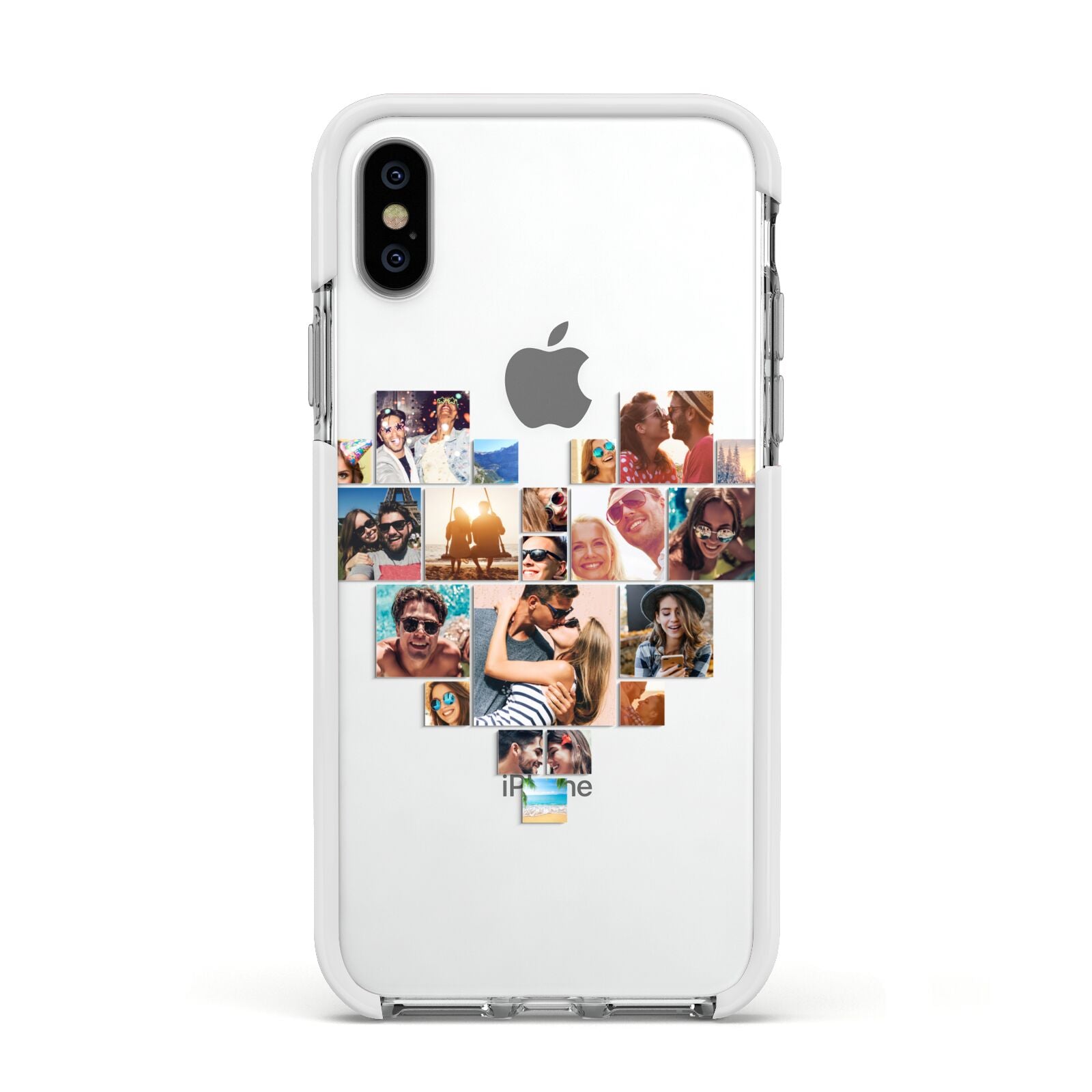 Heart Shaped Photo Montage Upload Apple iPhone Xs Impact Case White Edge on Silver Phone