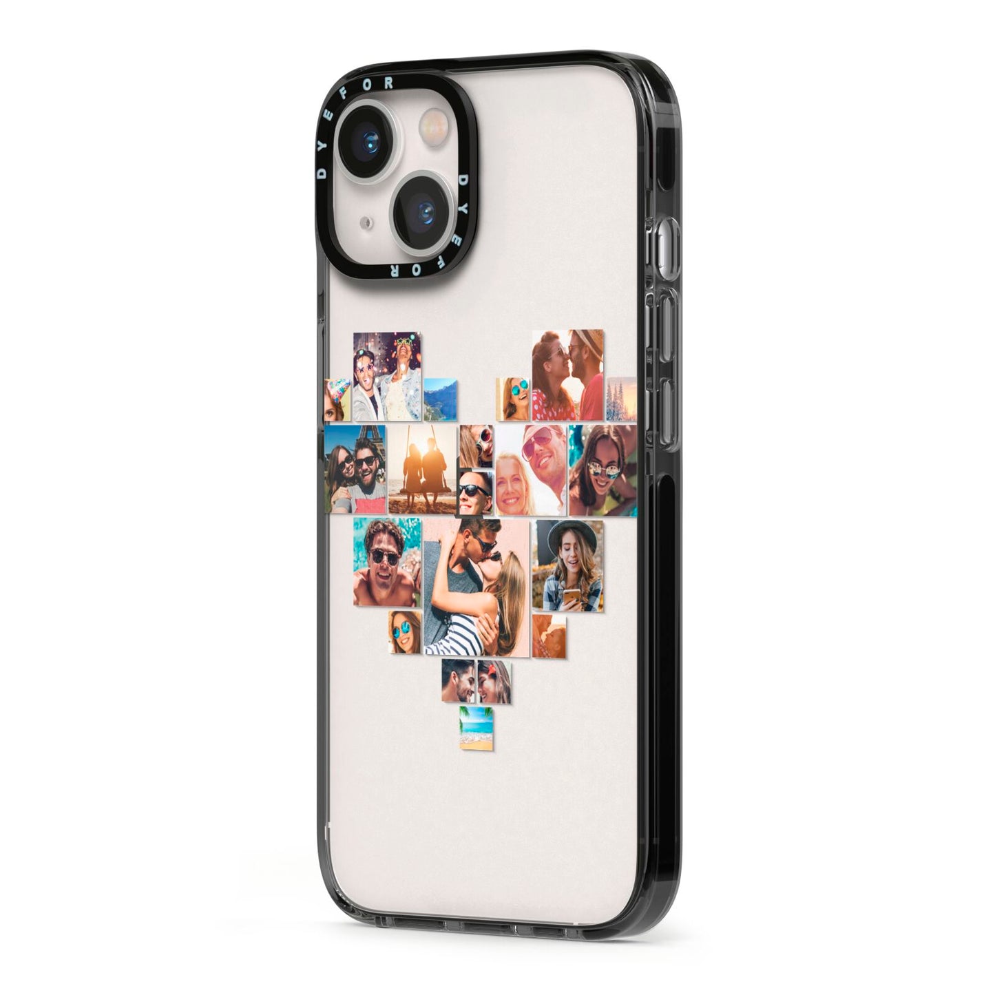 Heart Shaped Photo Montage Upload iPhone 13 Black Impact Case Side Angle on Silver phone