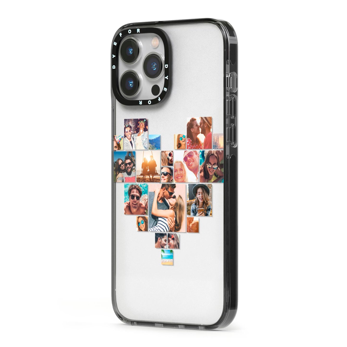 Heart Shaped Photo Montage Upload iPhone 13 Pro Max Black Impact Case Side Angle on Silver phone