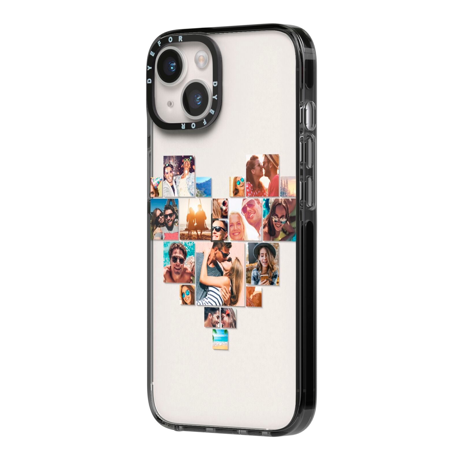 Heart Shaped Photo Montage Upload iPhone 14 Black Impact Case Side Angle on Silver phone