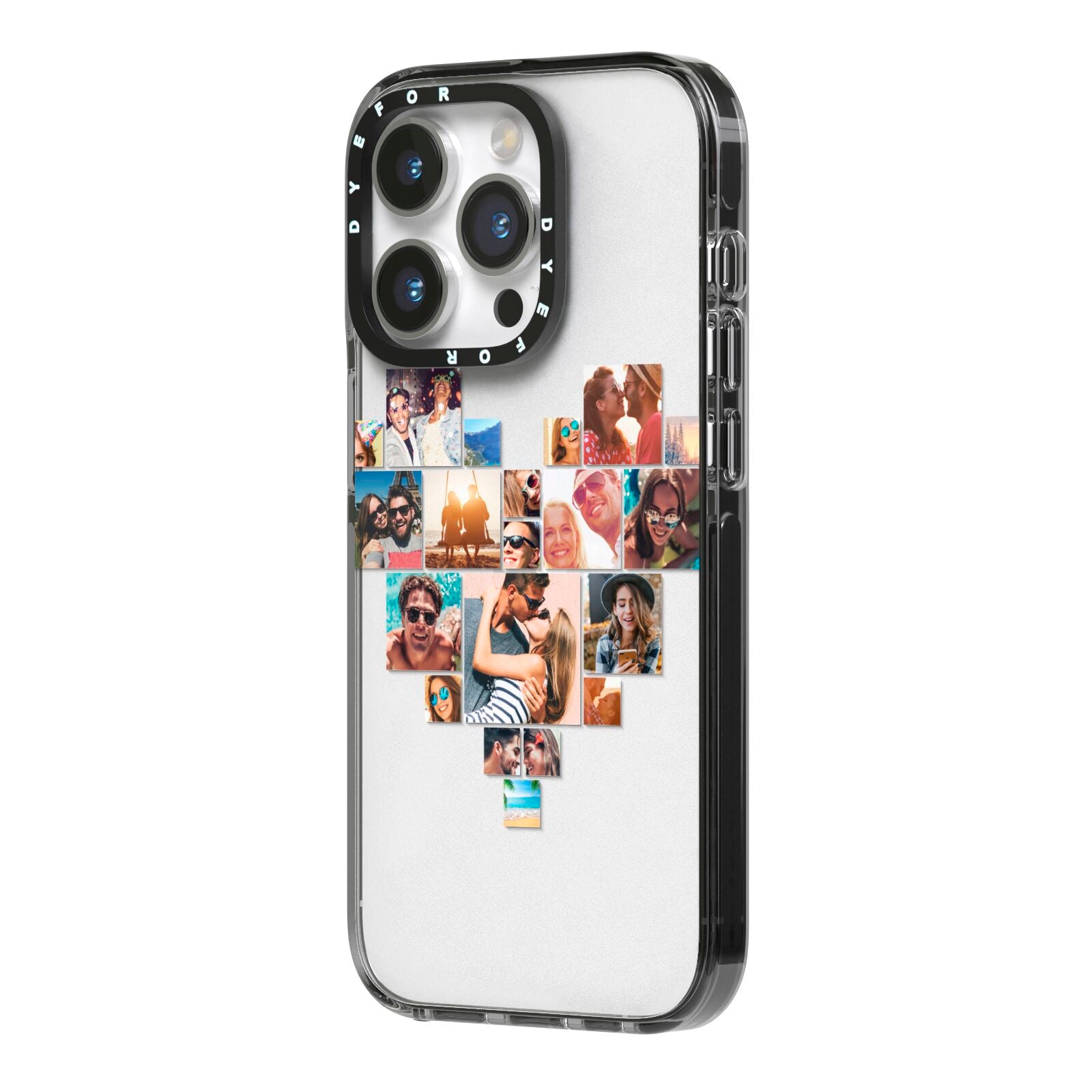 Heart Shaped Photo Montage Upload iPhone 14 Pro Black Impact Case Side Angle on Silver phone