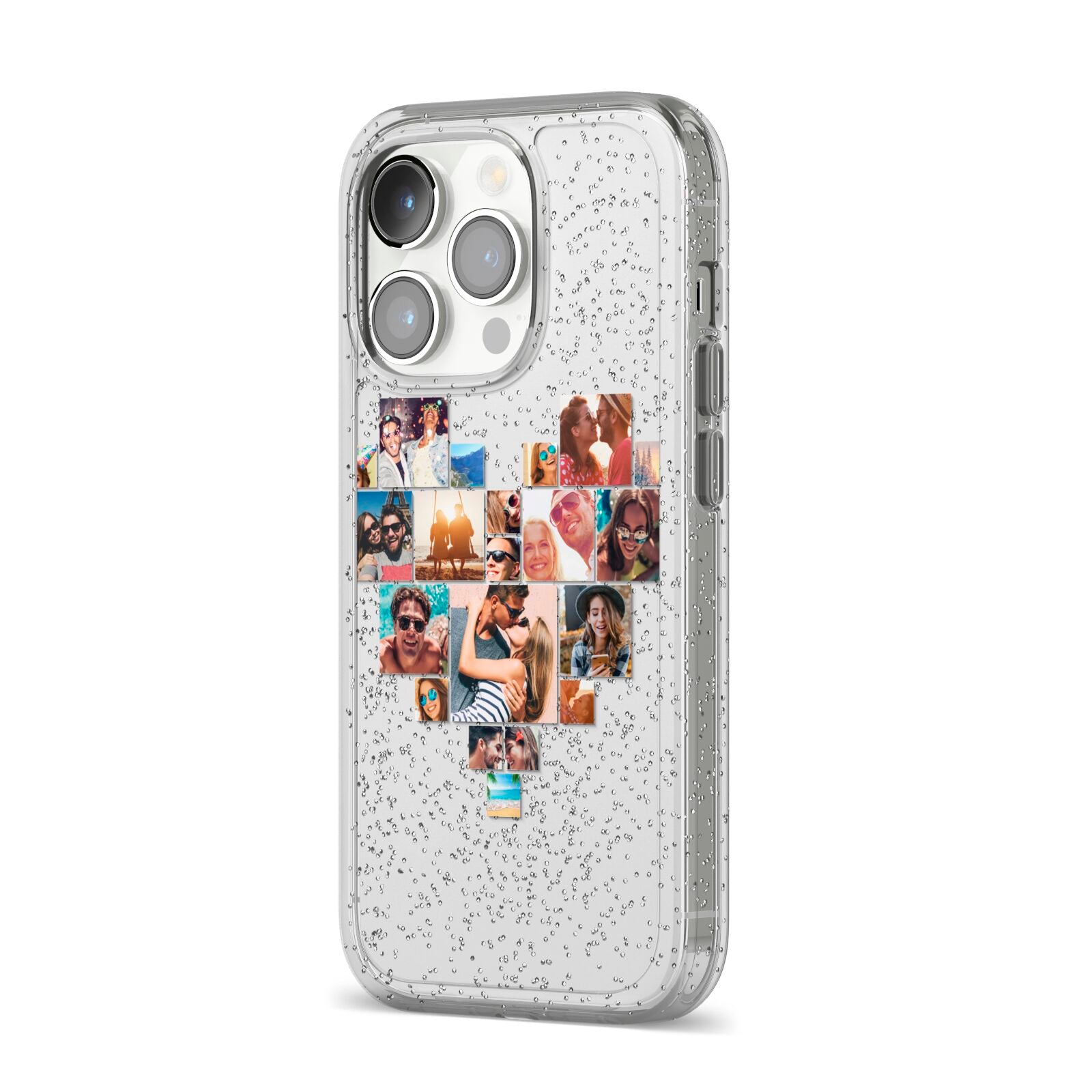 Heart Shaped Photo Montage Upload iPhone 14 Pro Glitter Tough Case Silver Angled Image