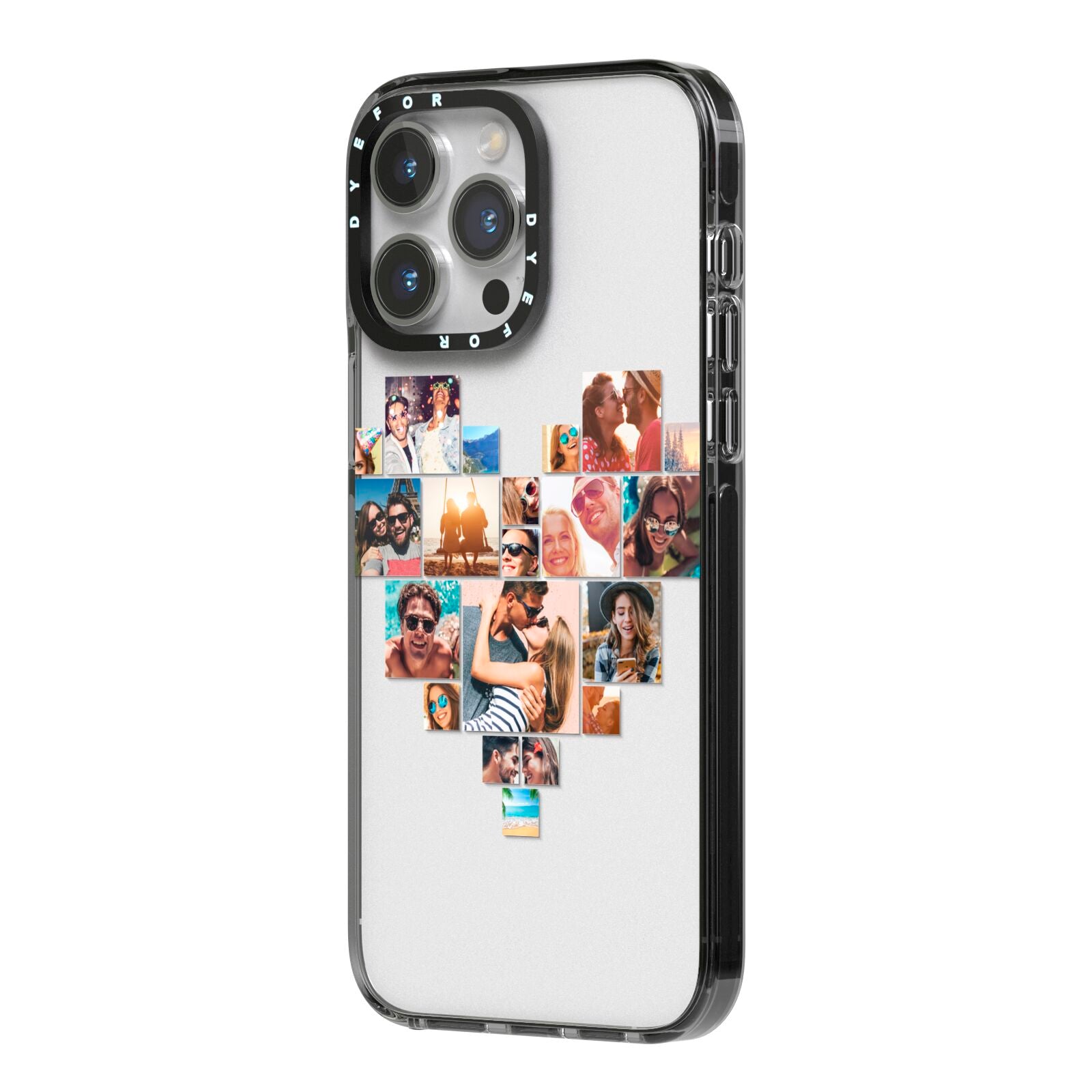 Heart Shaped Photo Montage Upload iPhone 14 Pro Max Black Impact Case Side Angle on Silver phone