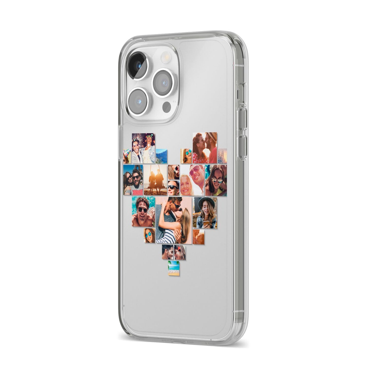 Heart Shaped Photo Montage Upload iPhone 14 Pro Max Clear Tough Case Silver Angled Image