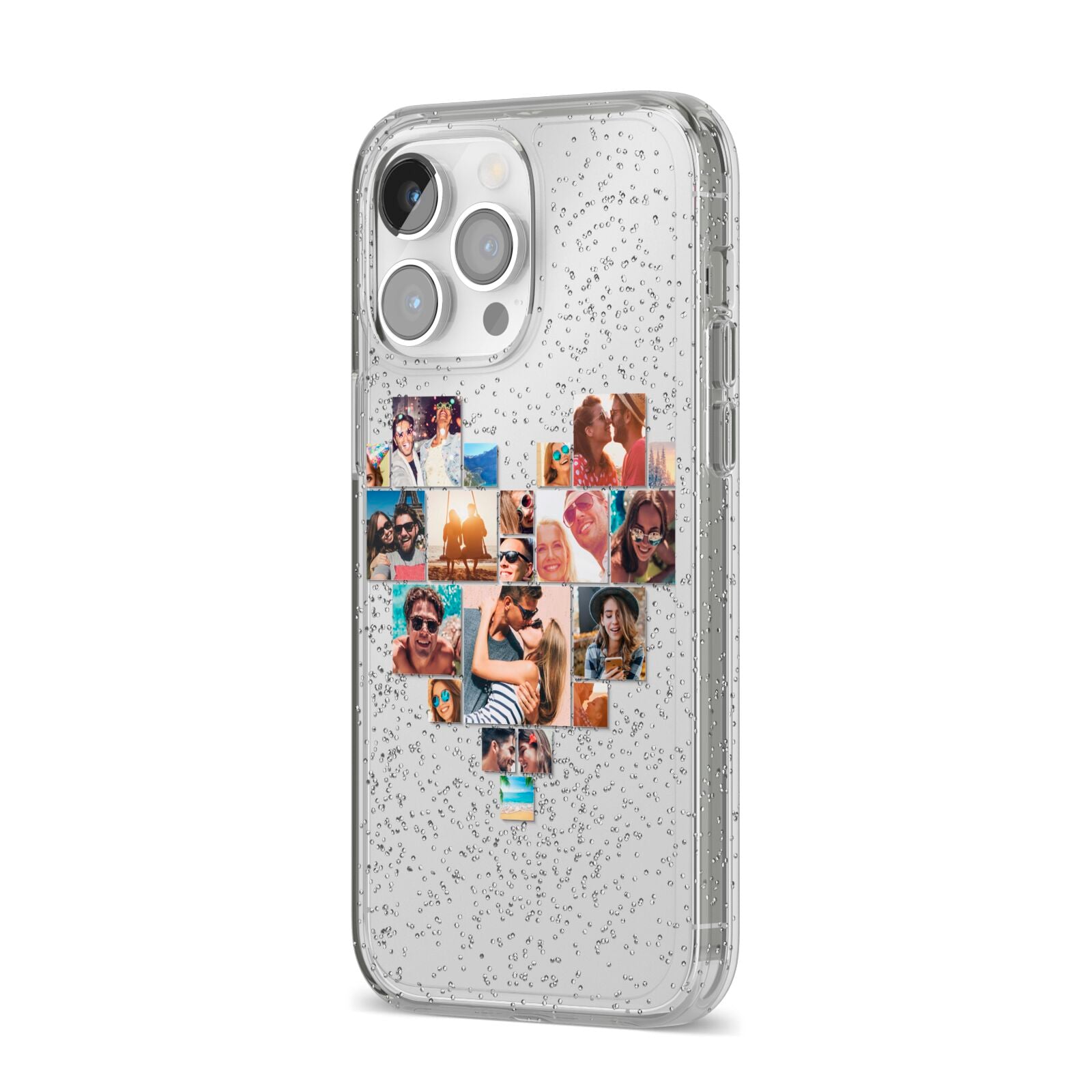 Heart Shaped Photo Montage Upload iPhone 14 Pro Max Glitter Tough Case Silver Angled Image