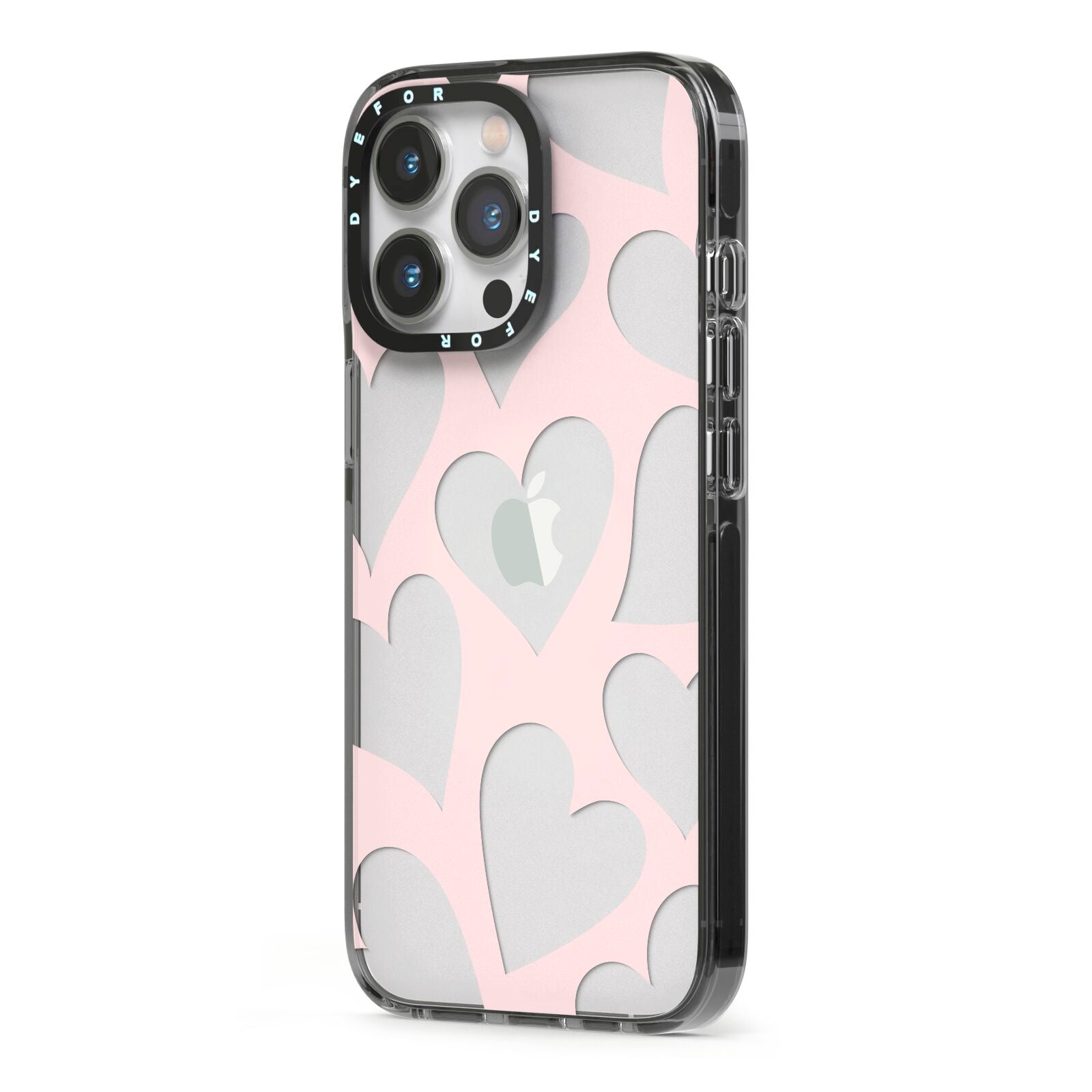 Heart iPhone 13 Pro Black Impact Case Side Angle on Silver phone