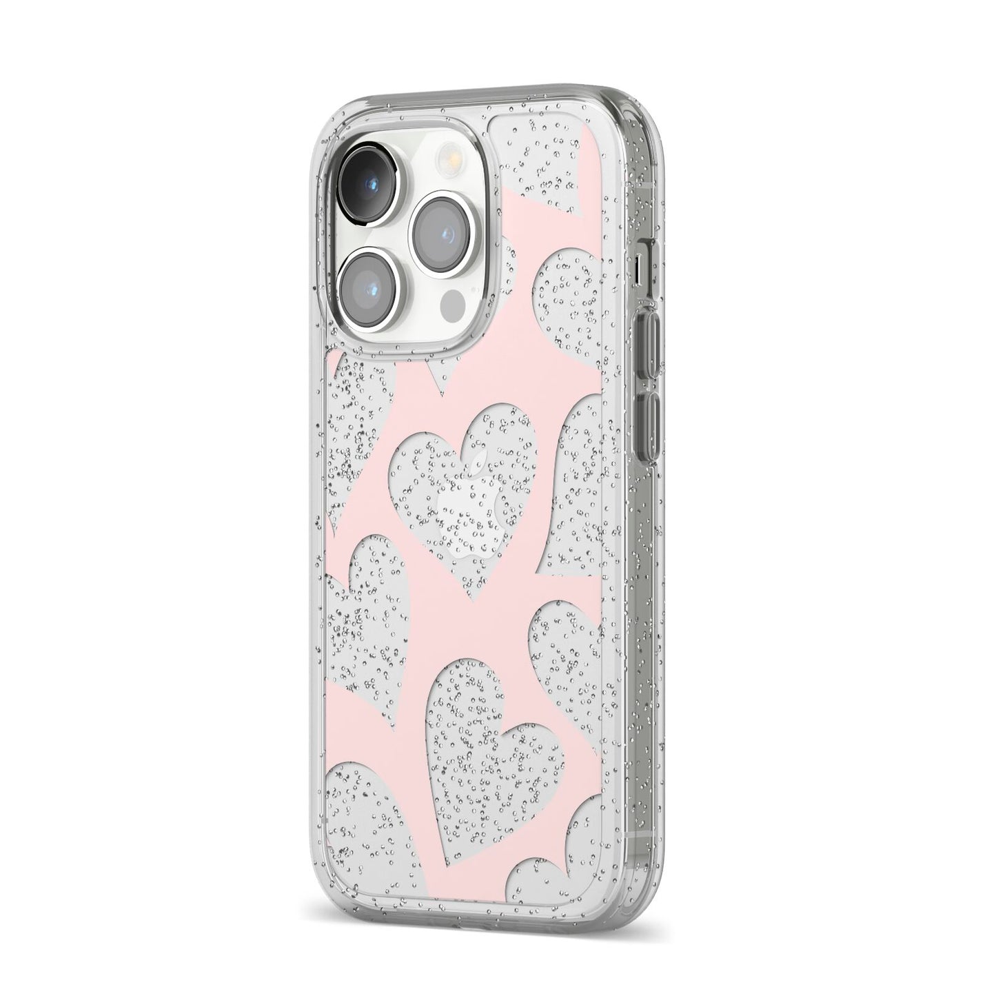 Heart iPhone 14 Pro Glitter Tough Case Silver Angled Image