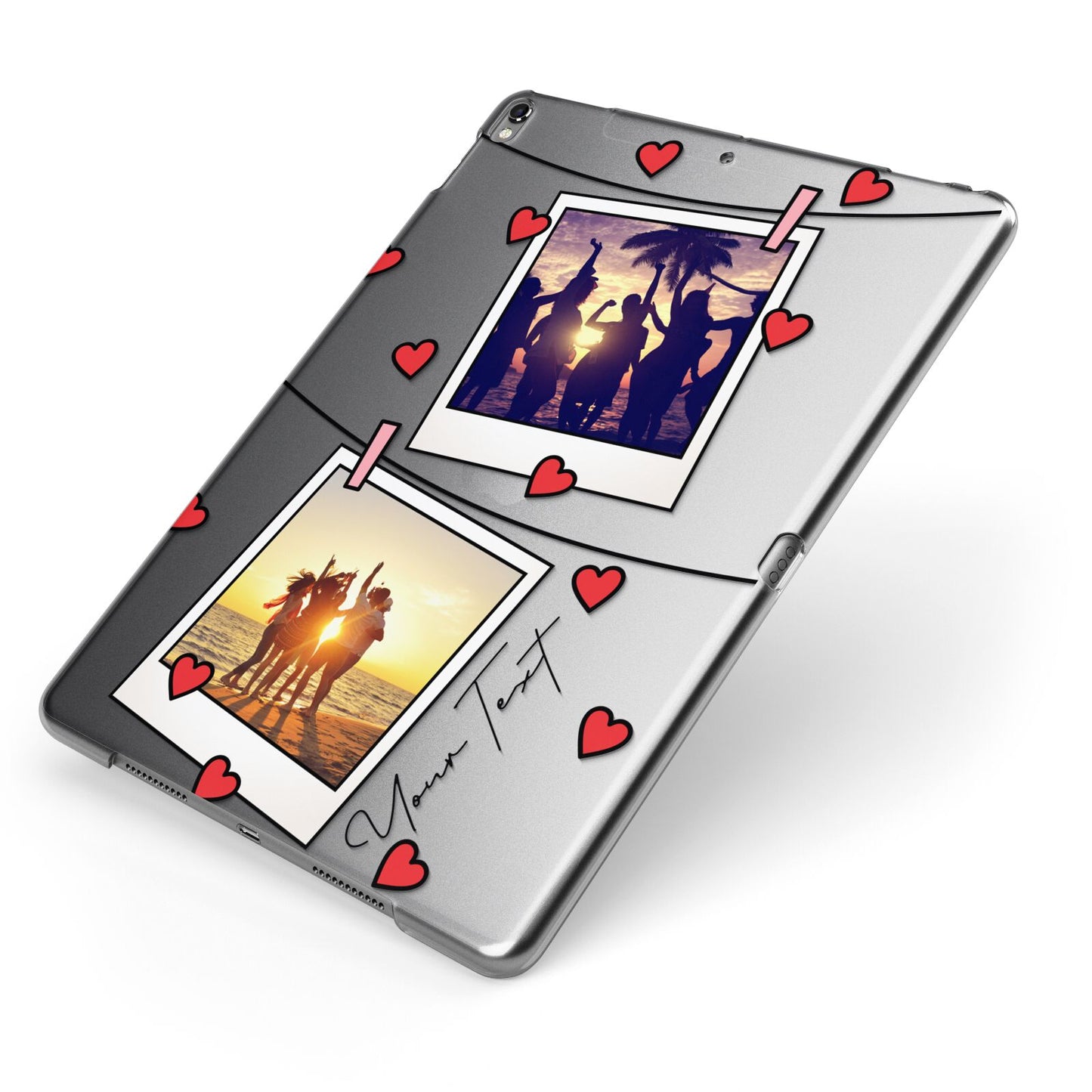 Hearts Photo Montage Upload with Text Apple iPad Case on Grey iPad Side View