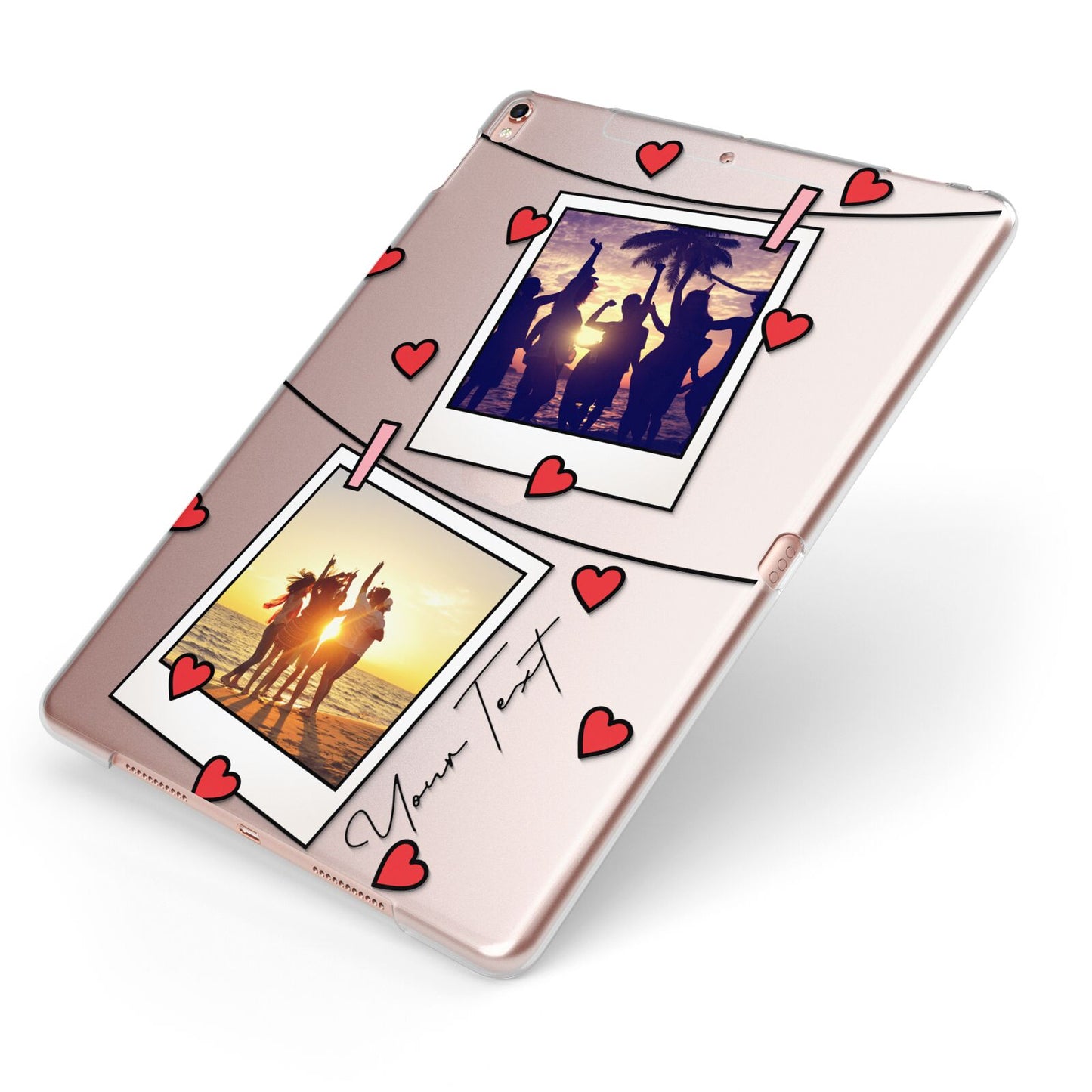Hearts Photo Montage Upload with Text Apple iPad Case on Rose Gold iPad Side View