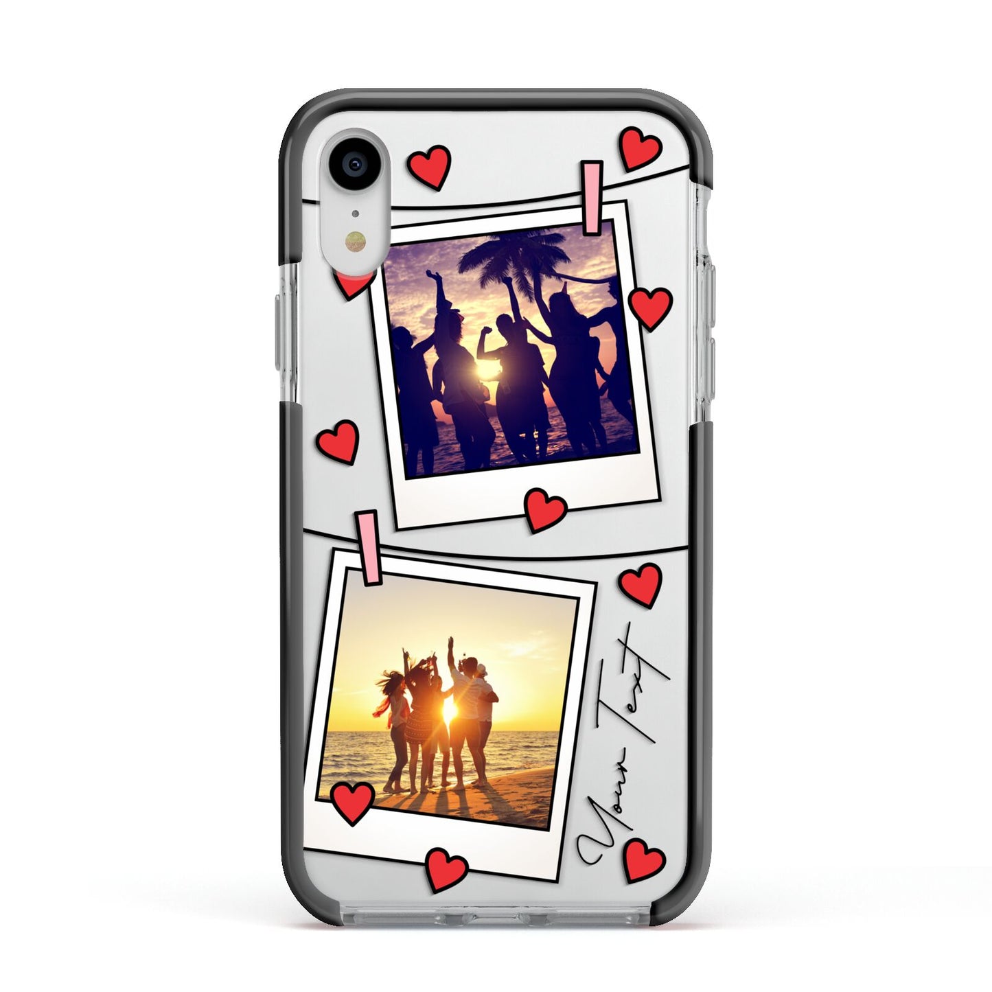 Hearts Photo Montage Upload with Text Apple iPhone XR Impact Case Black Edge on Silver Phone